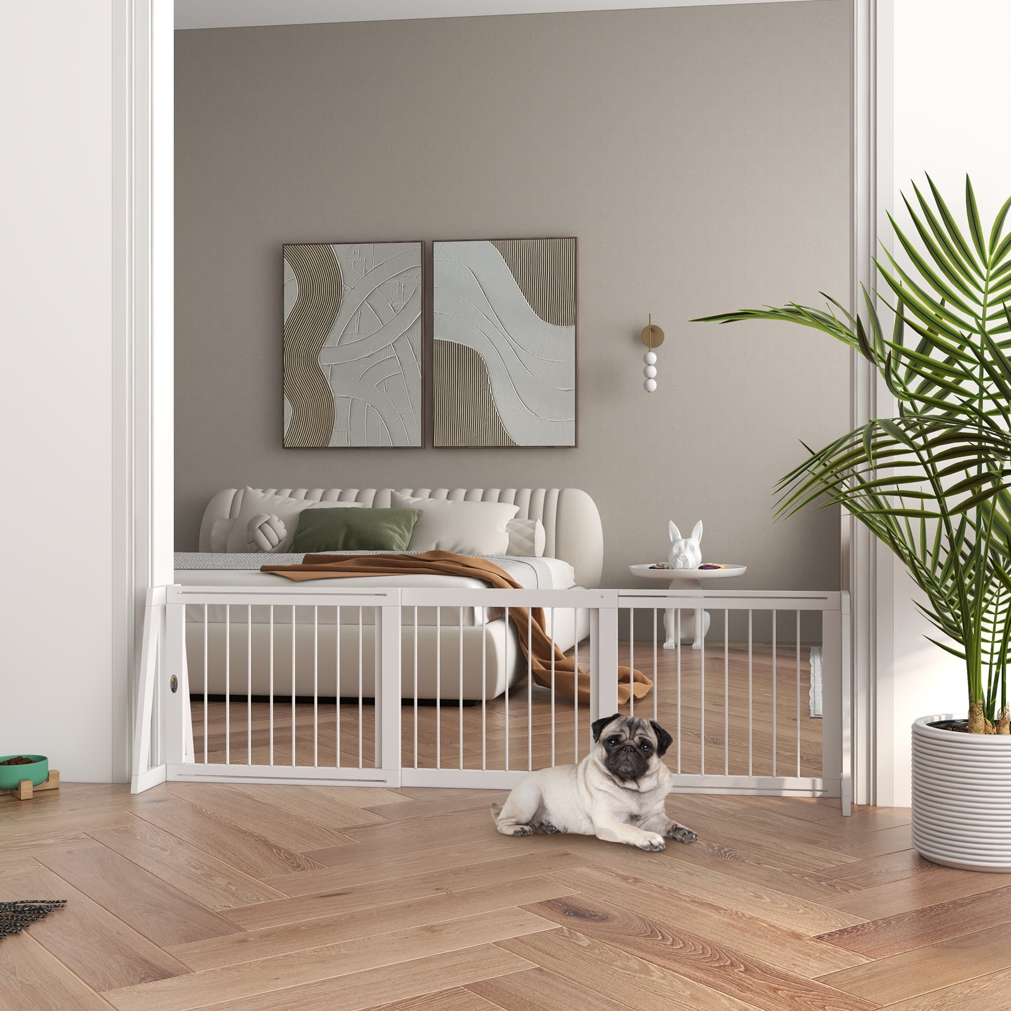 28"-75" Freestanding Wooden Pet Gate with Support Feet & Non-Slip Mats for Indoor, Stairway, Doorway, White