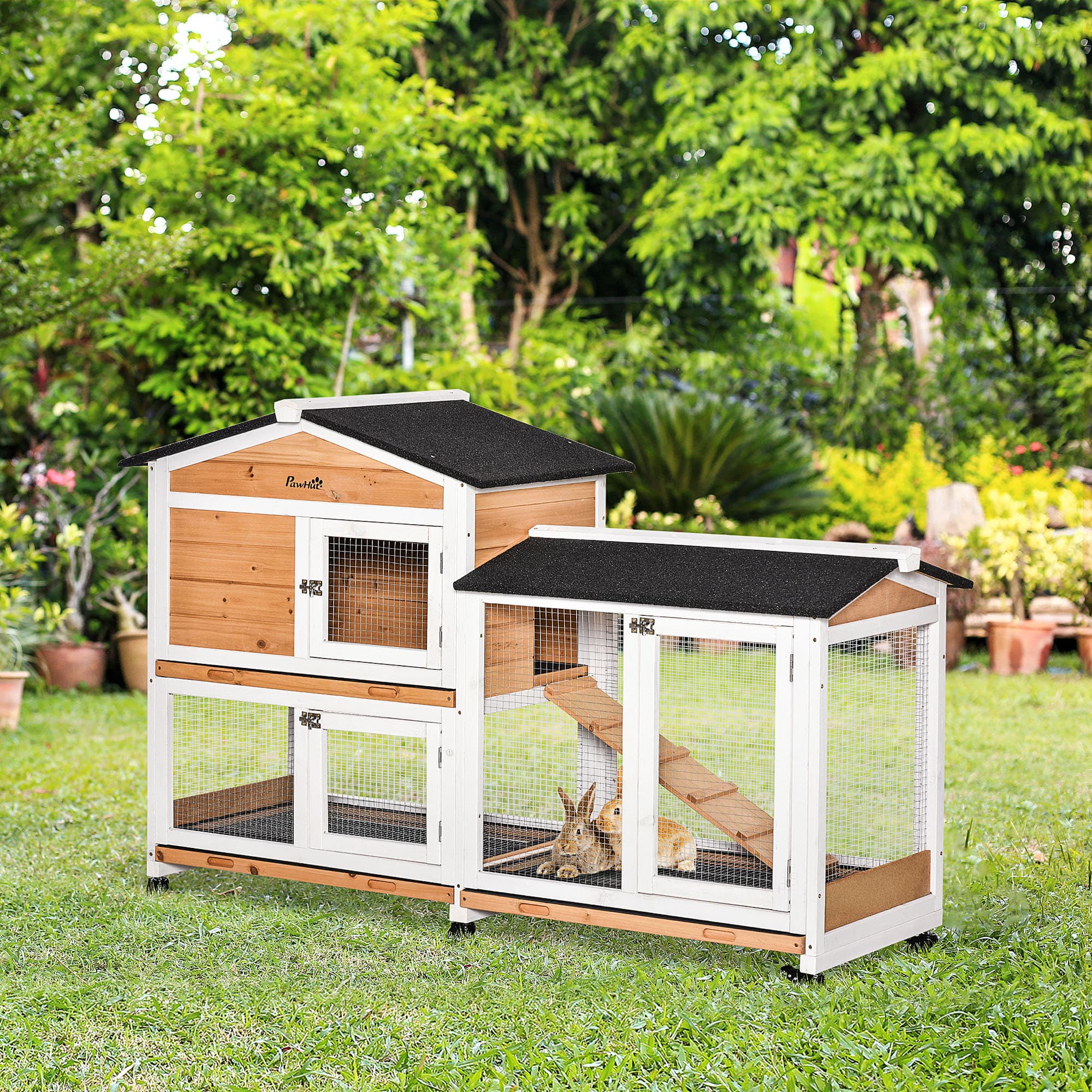  62" Wooden Mobile Rabbit Hutch with Wheels, Run Box, Slide-out Tray, Ramp, Yellow