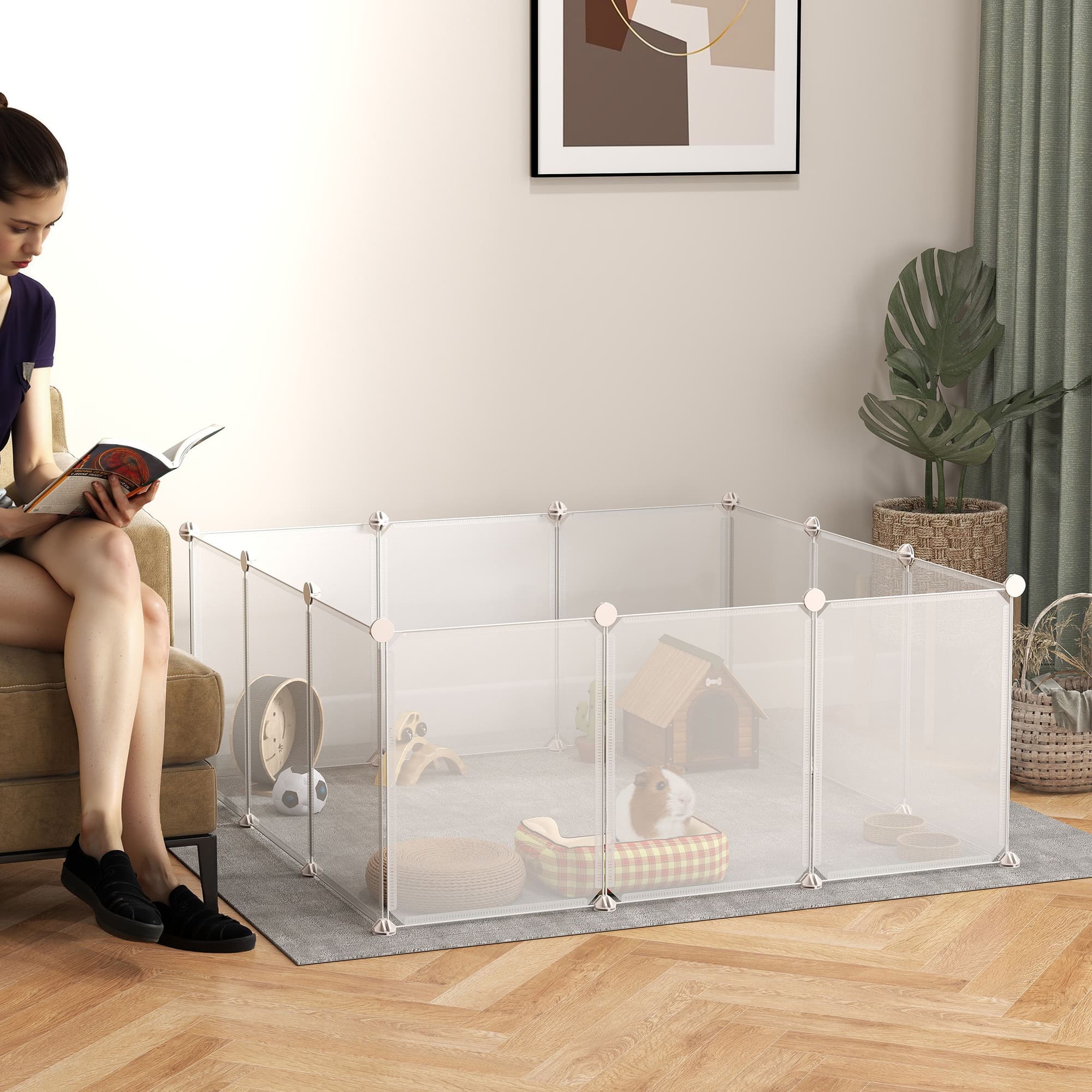  Pet Playpen DIY Small Animal Cage Open Enclosure Portable Plastic Fence 12 Panels for Guinea Pig Hedgehog White, 18" x 14"