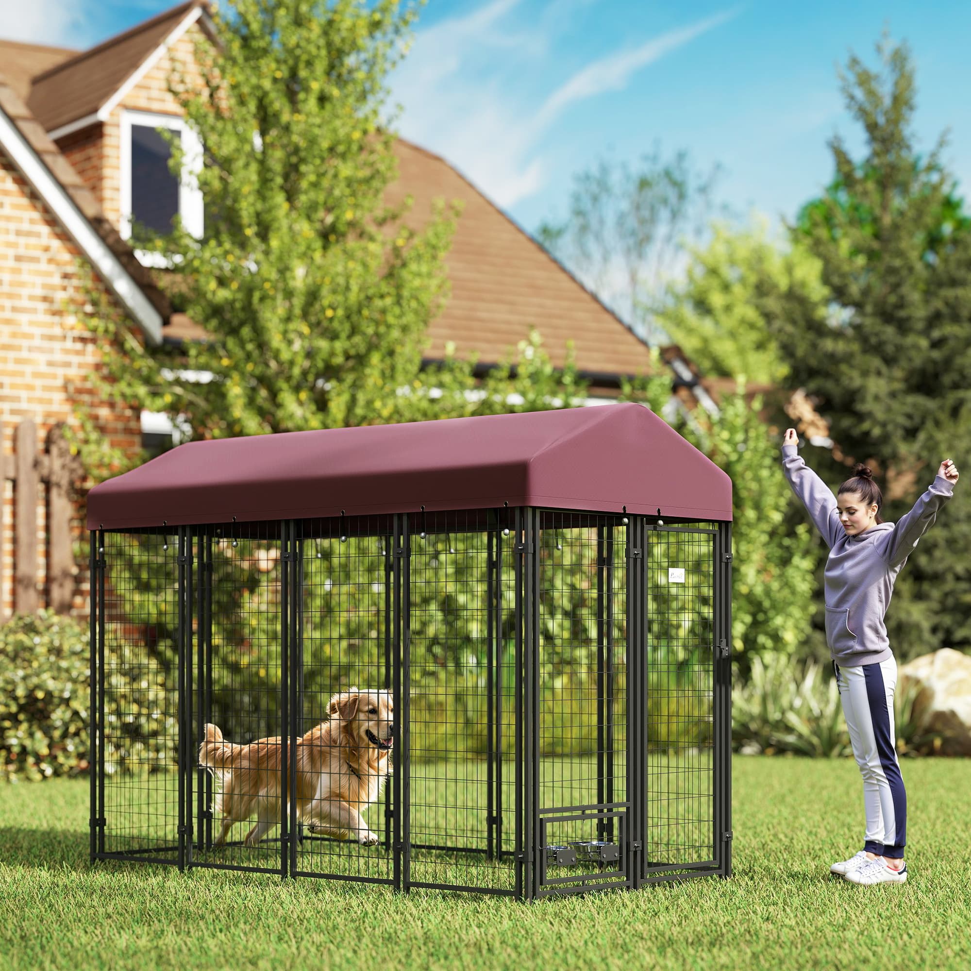  Outdoor Dog Kennel with Rotating Bowl Holders, Walk-in Pet Playpen with Waterproof Cover, 8' x 4' x 6', Red