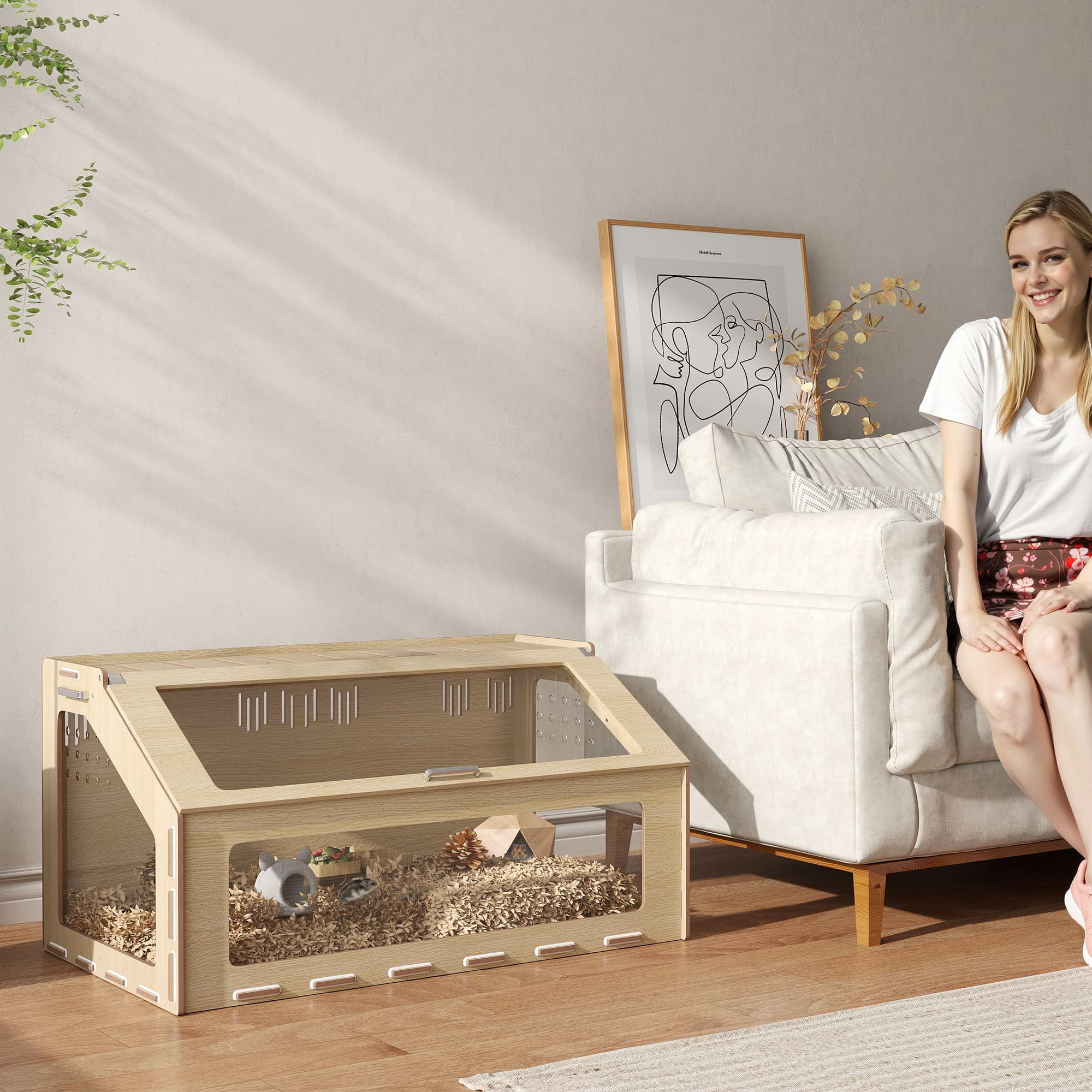  39 inch Hamster Cage Habitat with Acrylic Window & Openable Top for Dwarf Hamster, Gerbil, Guinea Pig, Rat, Oak