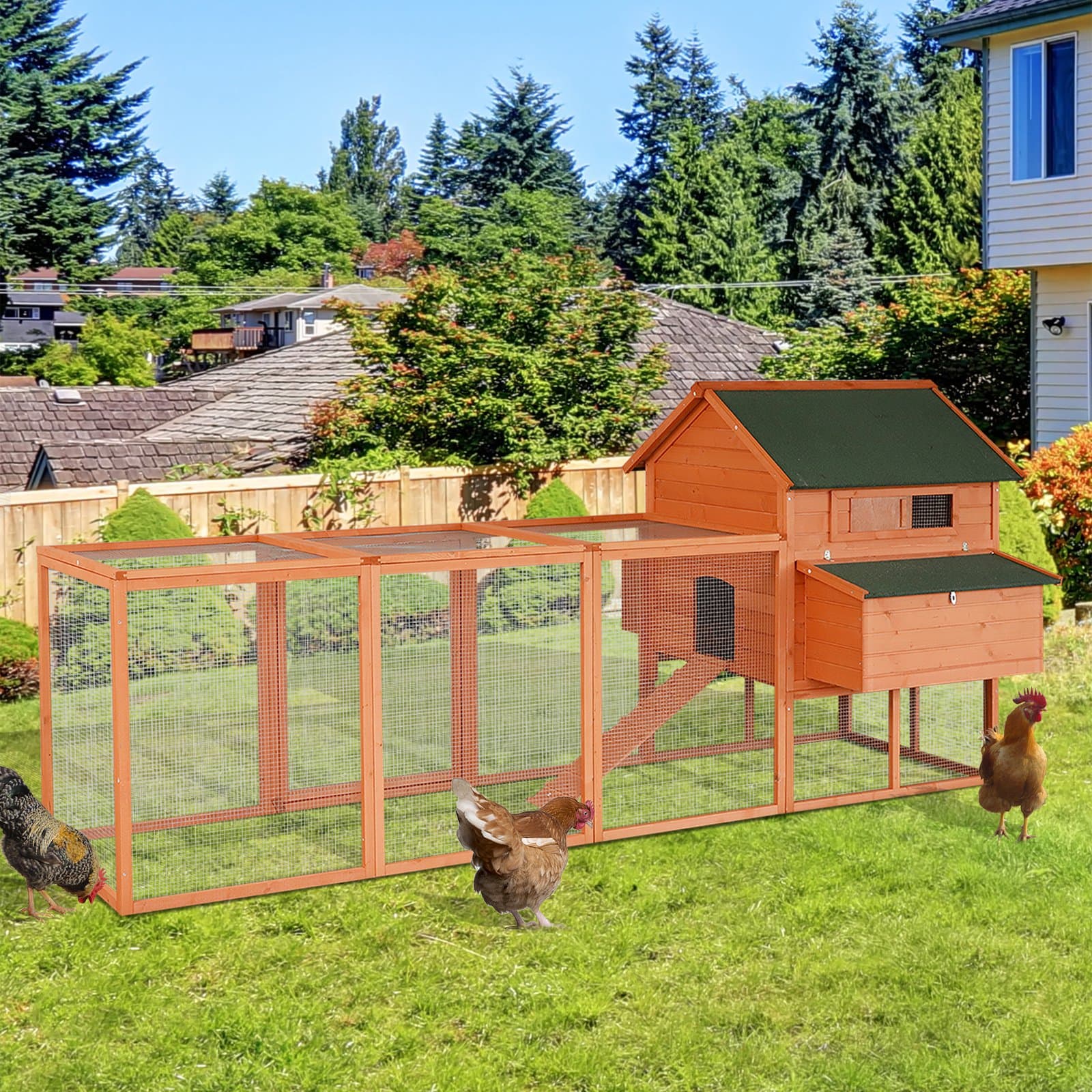  136.5" Chicken Coop Wooden Large Chicken House Deluxe Rabbit Hutch Lockable Poultry Hen Cage Backyard with Nesting Box and Run