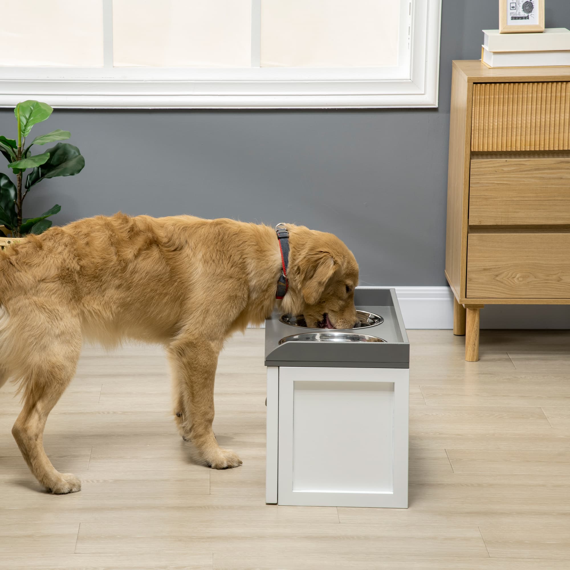  Pet Feeding Station Pet Dish Bowl Set with Storage, 2 Elevated Dog Bowls for Large Sized Dogs, White