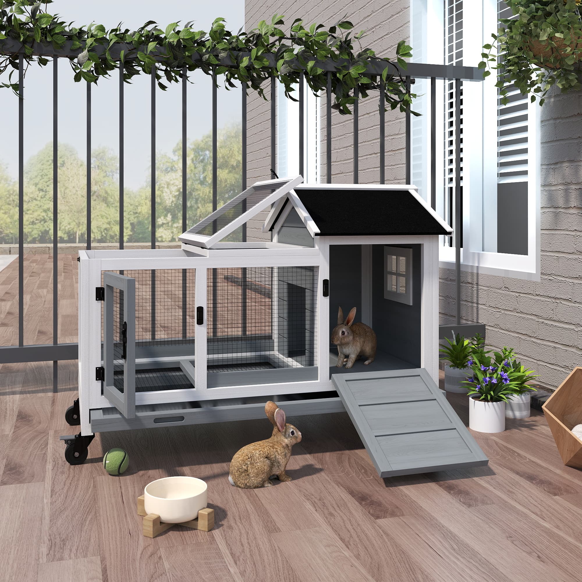  Wooden Rabbit Hutch with Wheels, Run, Slide-out Tray for Small Animals, Guinea Pig, Blue