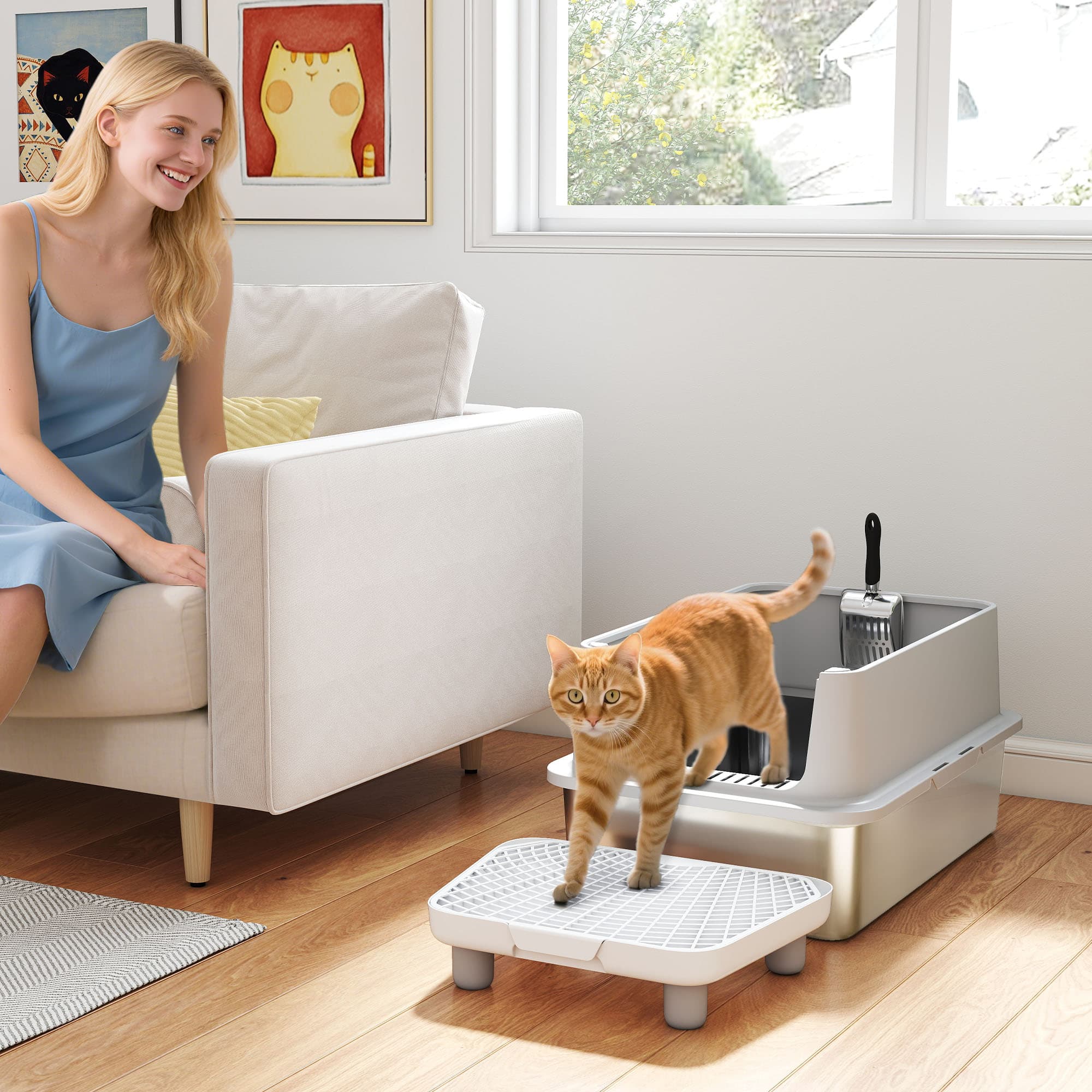  Extra Large Stainless Steel Cat Litter Box with Scoop & Pad, Anti-Urine Leakage, Easy Cleaning, Non-Sticky