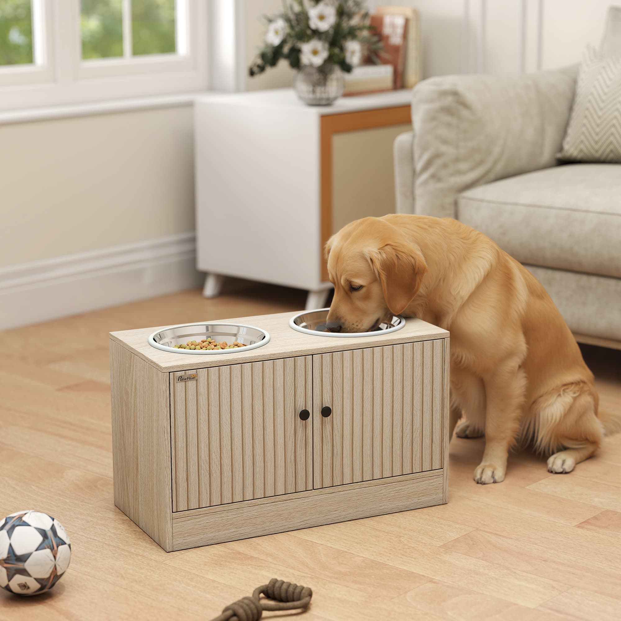 Elevated Dog Bowls with Storage Cabinet,  2 Stainless Steel Bowls, Slow Feeder, Dog Feeding Station for Large Dogs, Oak