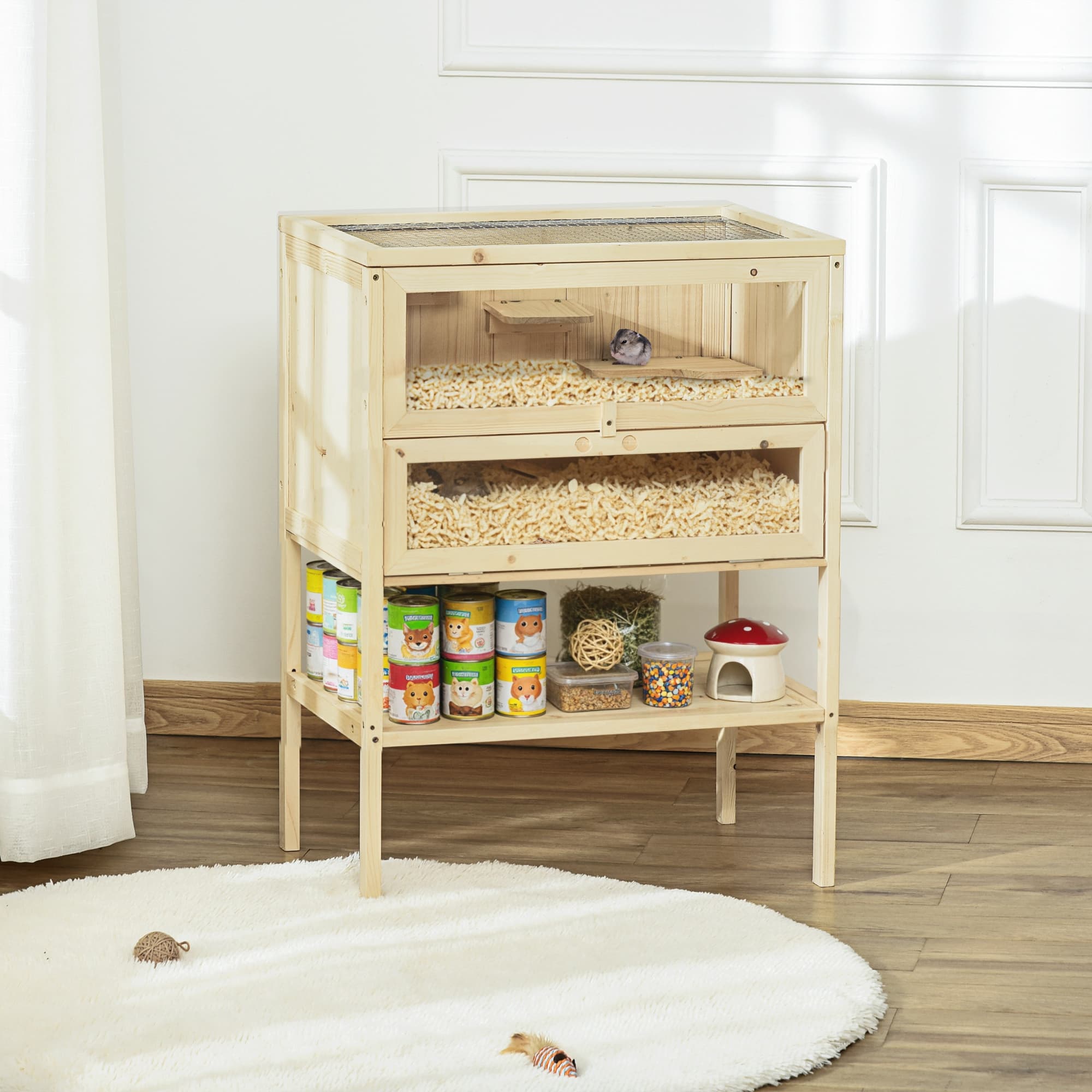  3-Tier Wooden Hamster Cage Mice and Rat Cage Small Animals Hutch with Openable Top, Front Door, Shelf, Natural Wood