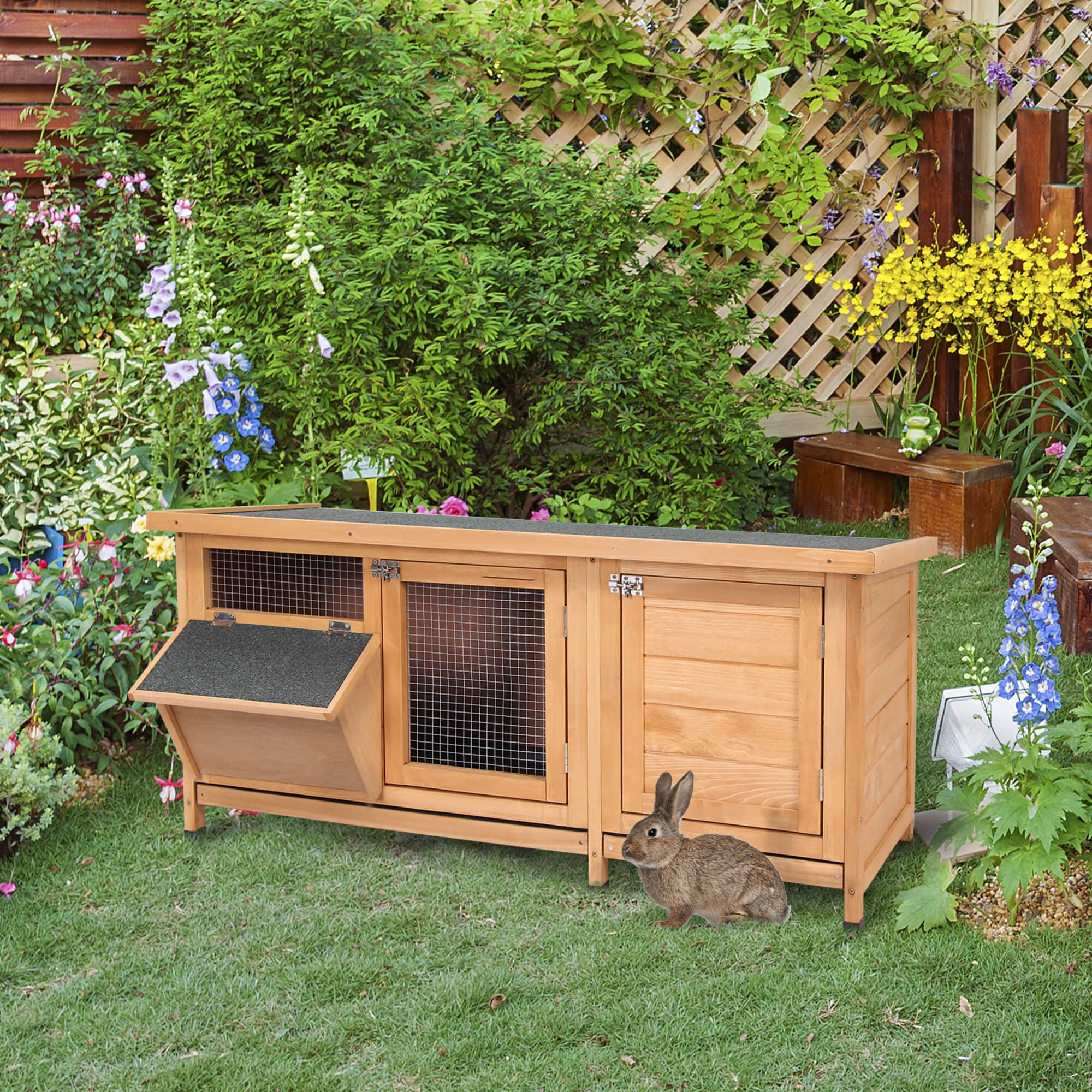 Large Bunny Hutch, Rabbit Cage With 2 Outside Areas And 1 Main House For Small Animals, Yellow