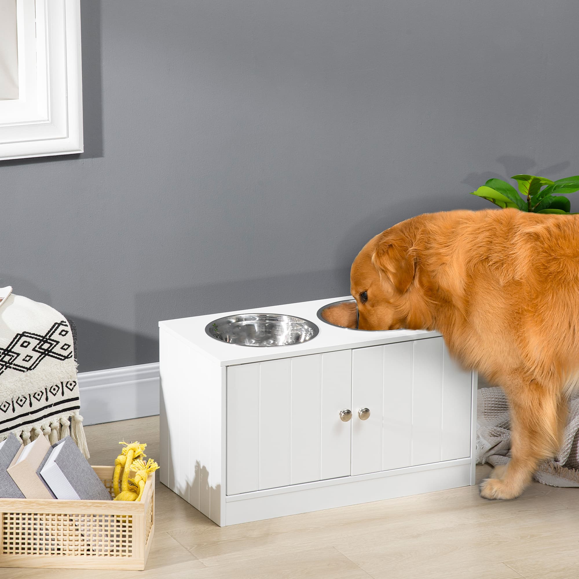  Large Elevated Dog Bowls with Storage Cabinet Containing Large 44L Capacity, Raised Dog Bowl Stand Pet Food Bowl Pet Feeding Station, White