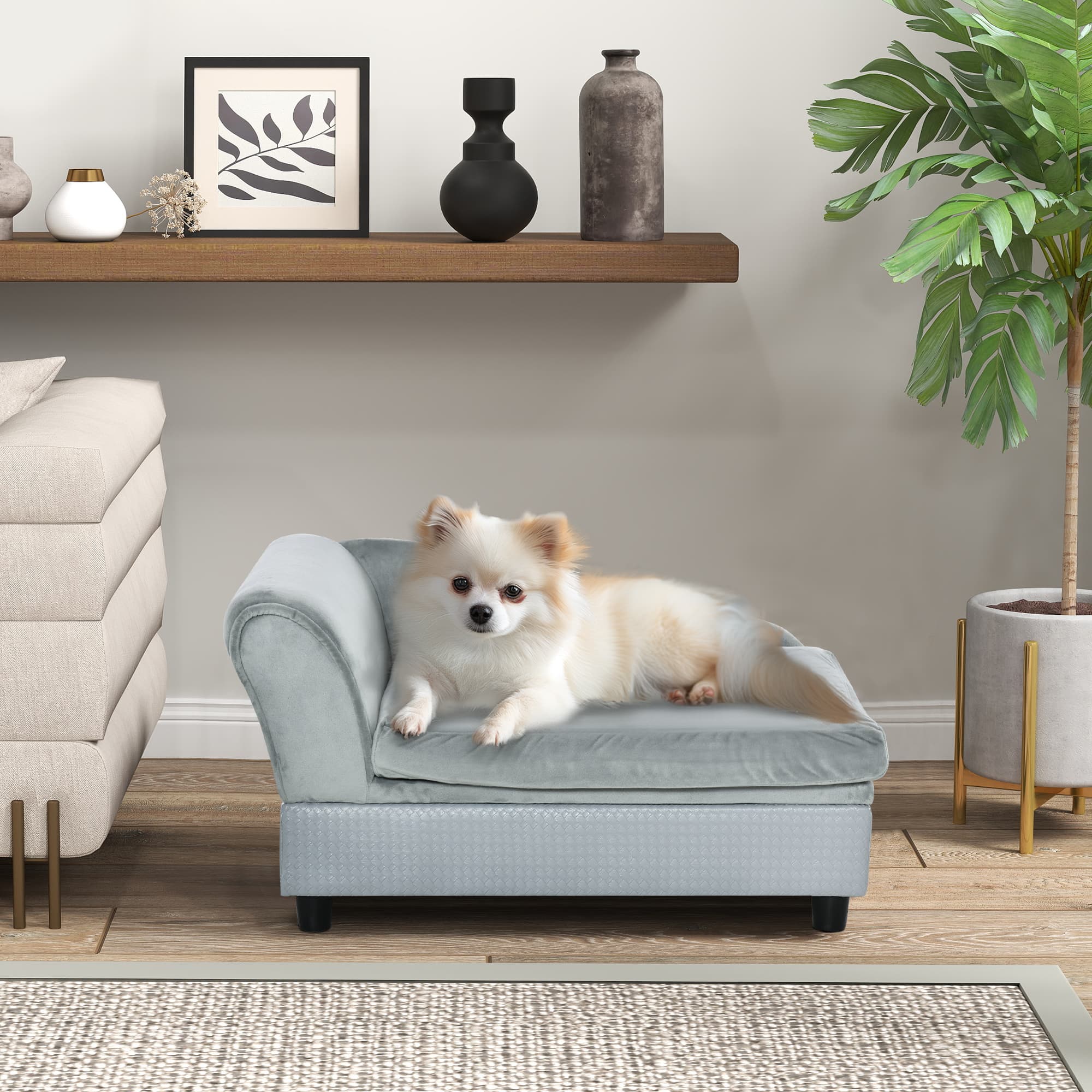  Luxury Fancy Dog Couch with Hidden Storage, Small Dog Sofa Bed with 2" Soft Foam, Modern Pet Furniture for Puppies & Little Breeds, Pale Gray
