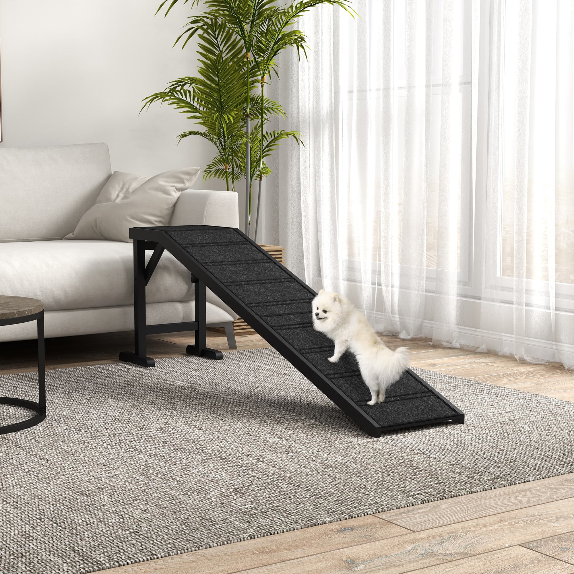  Dog Ramp w/ Non-Slip Carpet and Top Platform, 74" x 16" x 25", Black