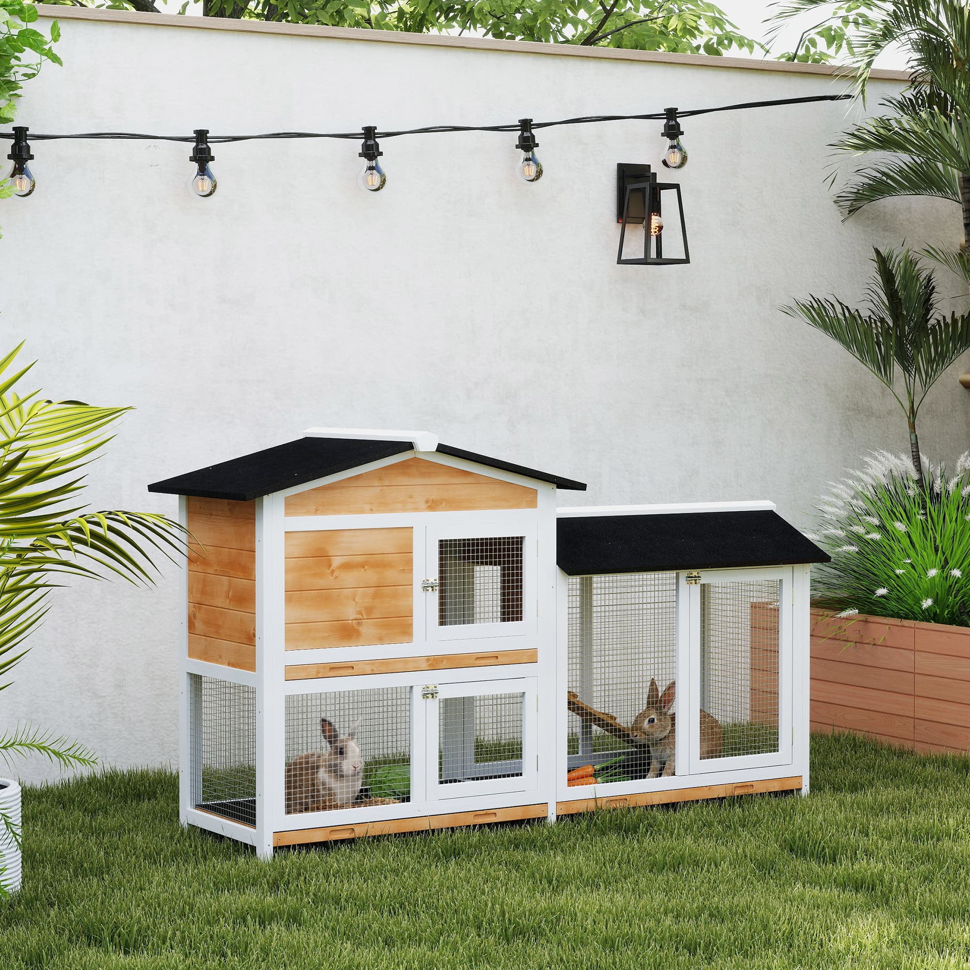  62" Rabbit Hutch, Wooden Bunny Hutch, Guinea Pig Cage, Small Animal Enclosure with Run Area, Removable Tray, Asphalt Roof, Lockable Doors and Ramp, for Rabbits, Chickens, Ducks, Nature Wood