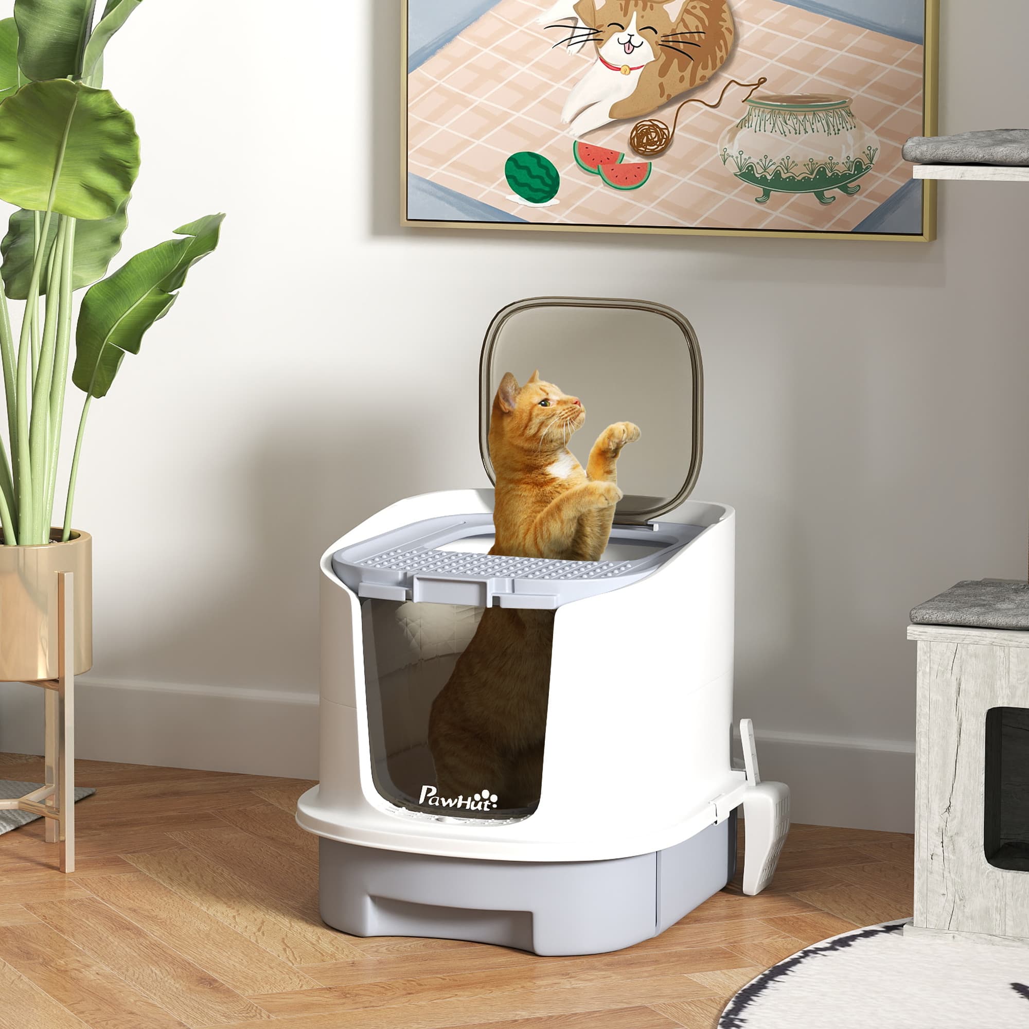  Covered Cat Litter Box with Lid, Drawer, Scoop, Top Entry, Deodorizing Bags, Odor Control, Easy to Clean, Gray