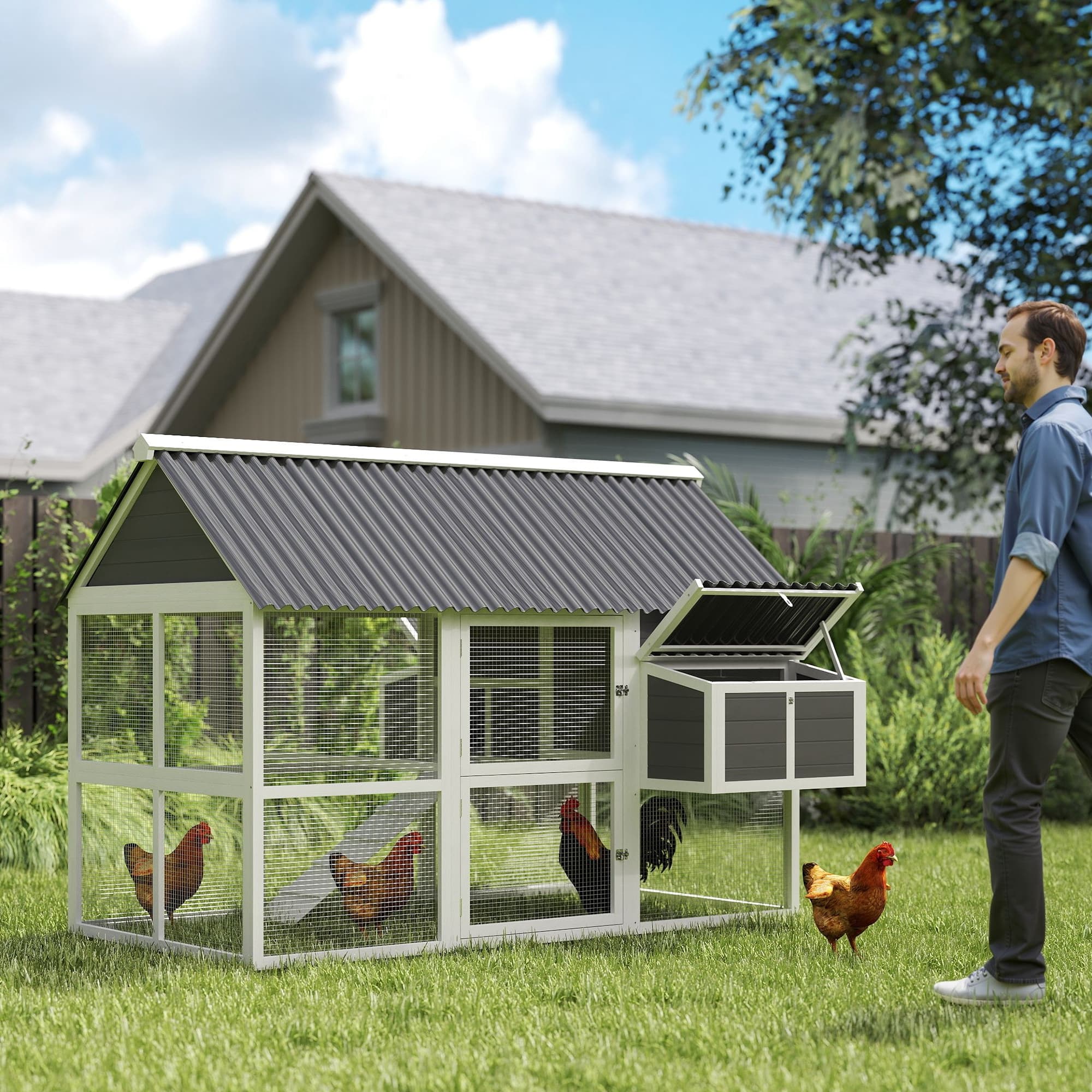  Wooden Chicken Coop with Run, 2 Nesting Boxes, 2 Roosting Bars, Ramp & Tray, Poultry Cage for 6-8 Chickens, Gray