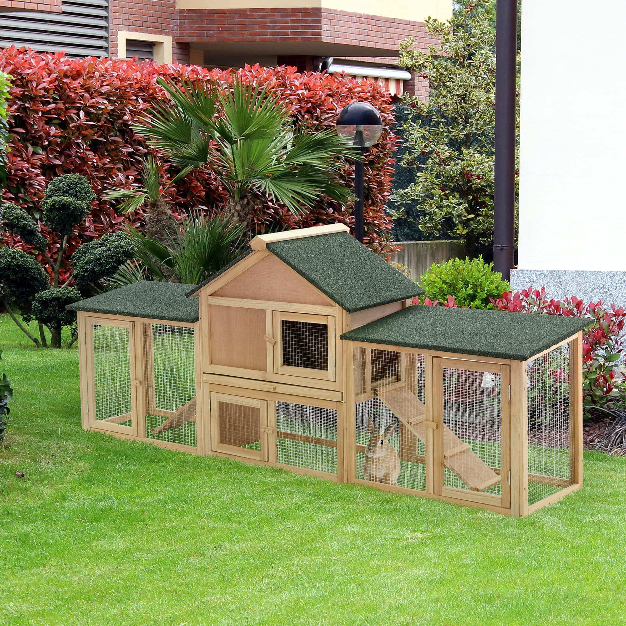  Rabbit Cage Outdoor, Rabbit House 83" 2 Story Deluxe XL Wooden Rabbit Hutch Big Bunny Cage w/ Ladder and Run