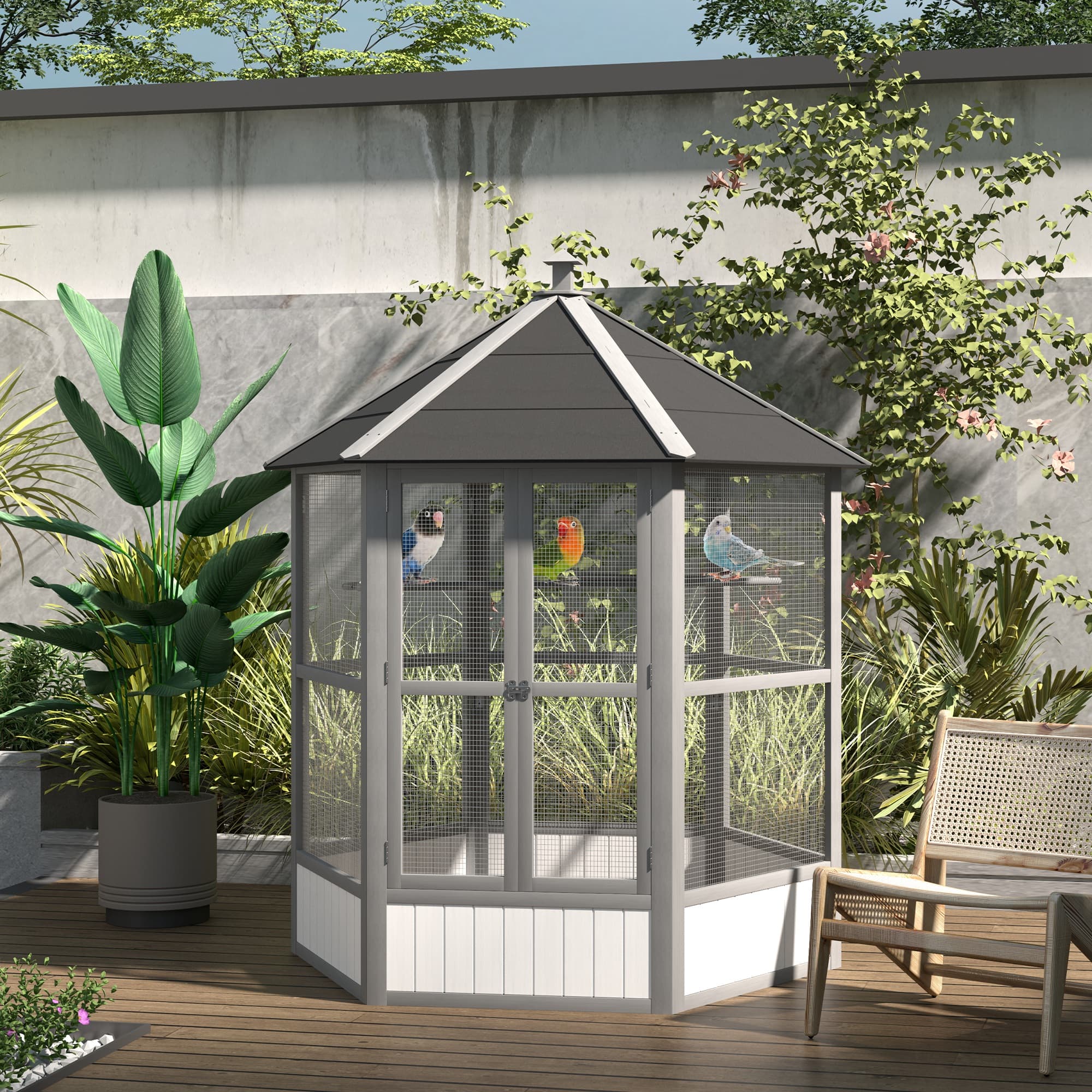  69" Wooden Hexagonal Outdoor Aviary Flight Bird Cage With Covered Roof, Light Gray