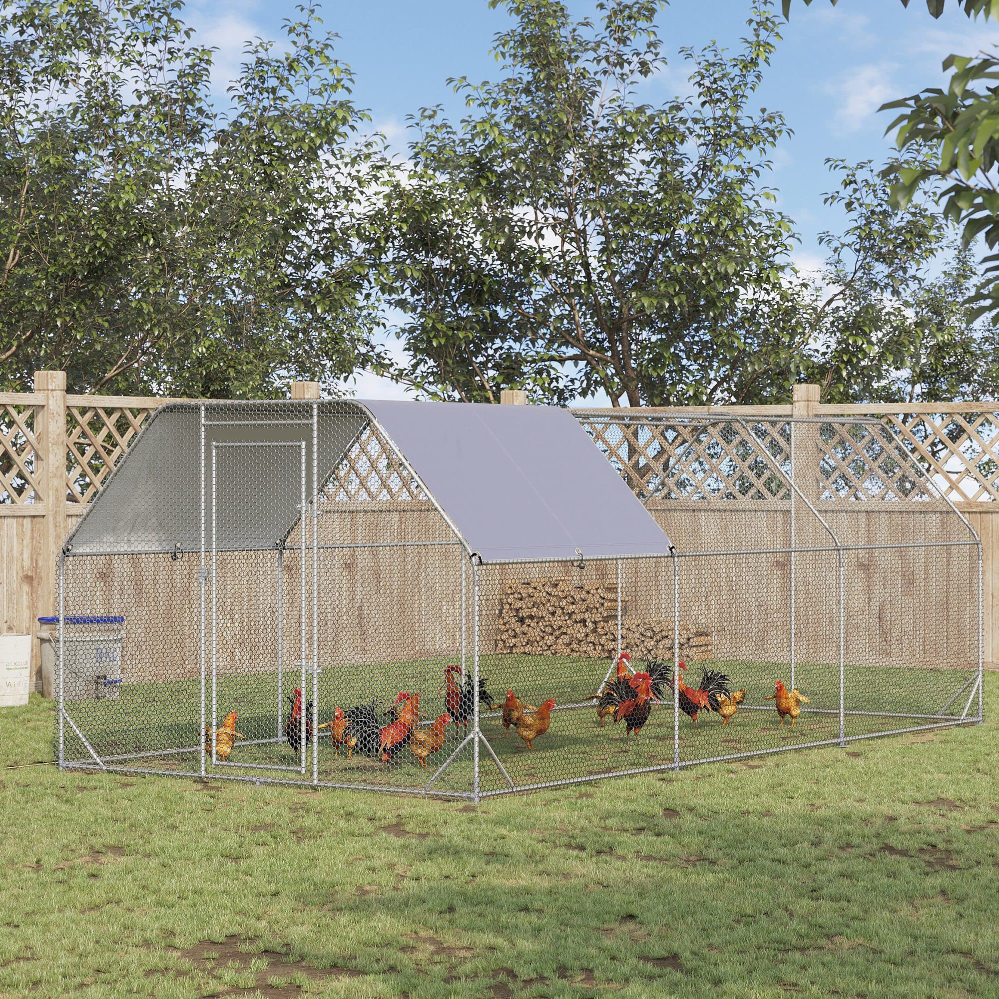  Large Chicken Coop Metal Chicken Run with Waterproof and Anti-UV Cover, Flat Shaped Walk in Fence Cage Hen House for Outdoor and Yard Farm Use, 1" Tube Diameter, 9.2' x 18.7' x 6.4'