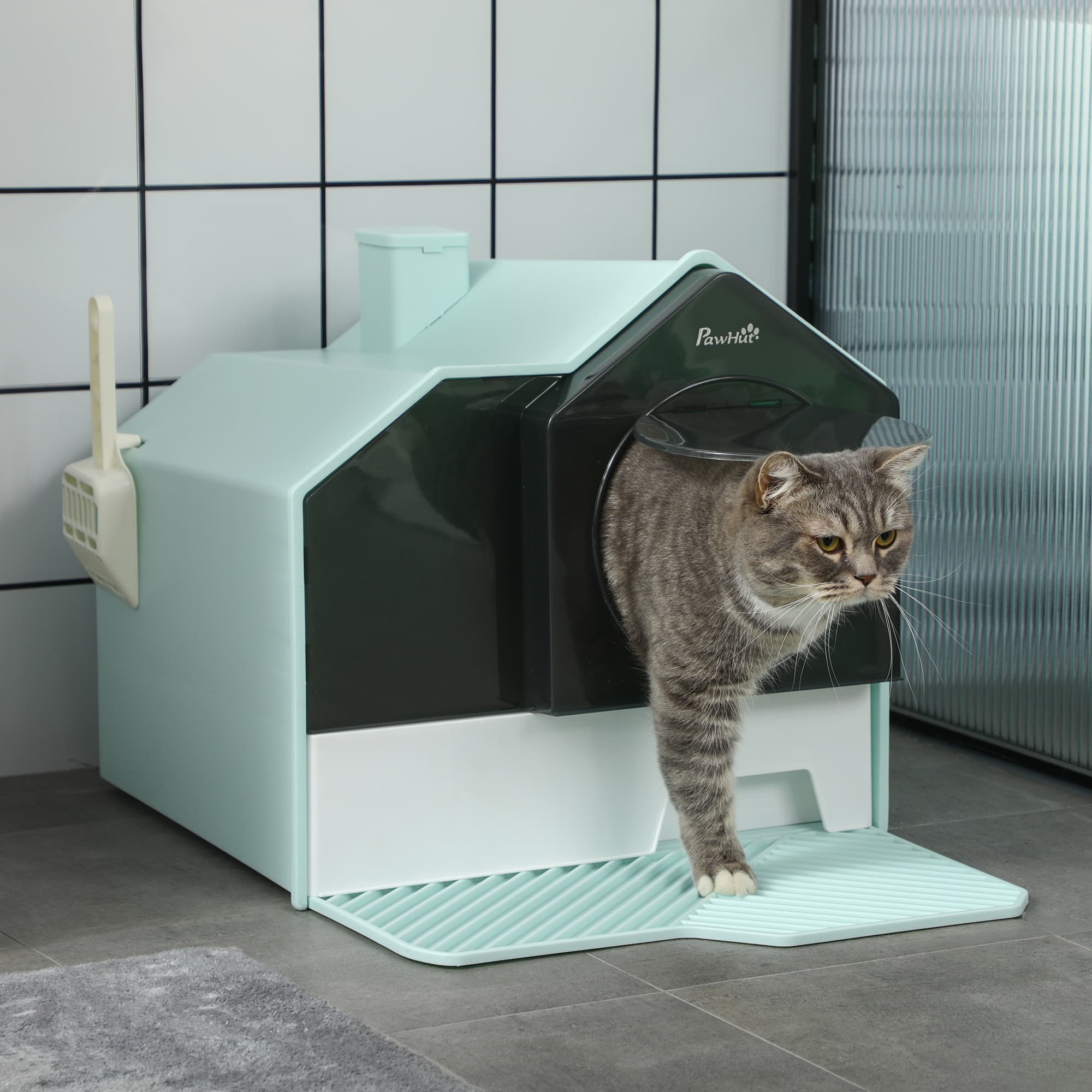  Hooded Cat Litter Box w/ Litter Mat, Litter Particle Catching, Light Blue