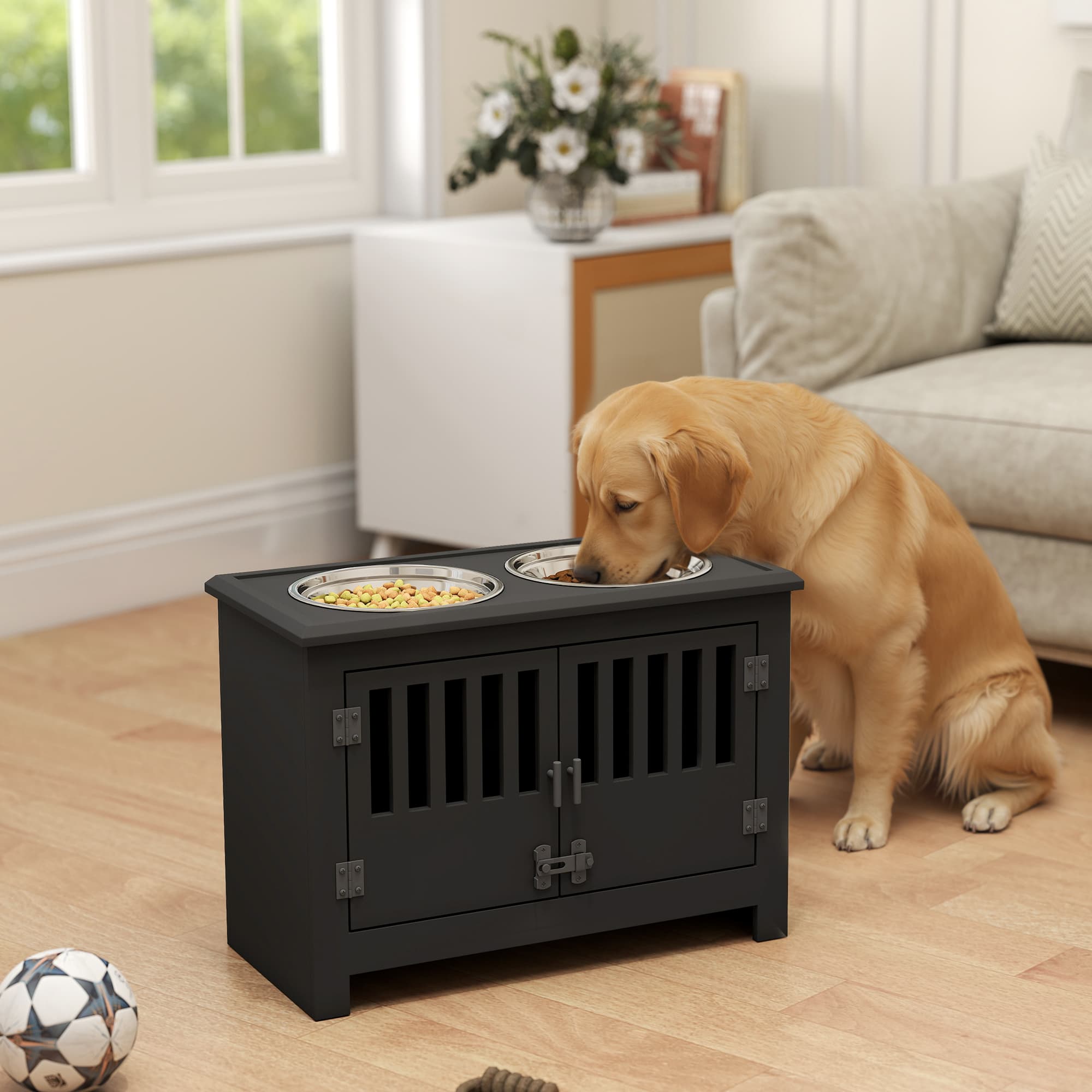  Dog Food Storage Cabinet with Bowls & Dog Feeding Station, Black