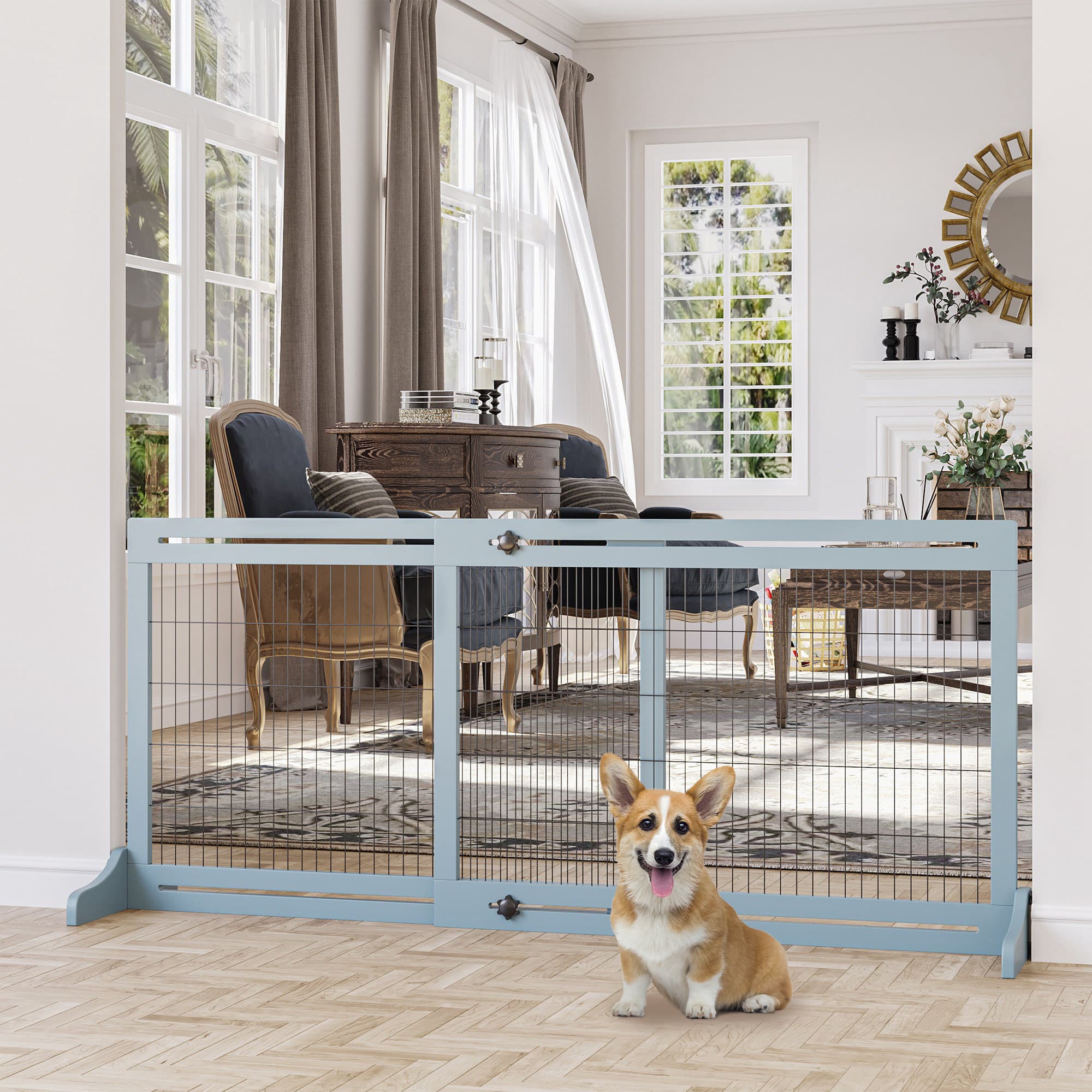  71" W x 27.25" H Extra Wide Freestanding Pet Gate with Adjustable Length Dog, Cat, Barrier for House, Doorway, Hallway, Blue-Gray