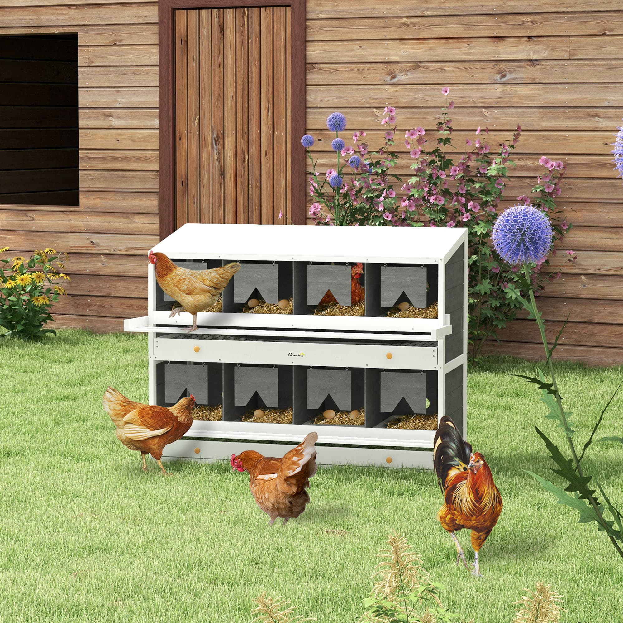  Chicken Nesting Box, 8 Compartment Wood Laying Boxes for Chicken Coop with Egg Collection Trays Perches for 16-32 Hens