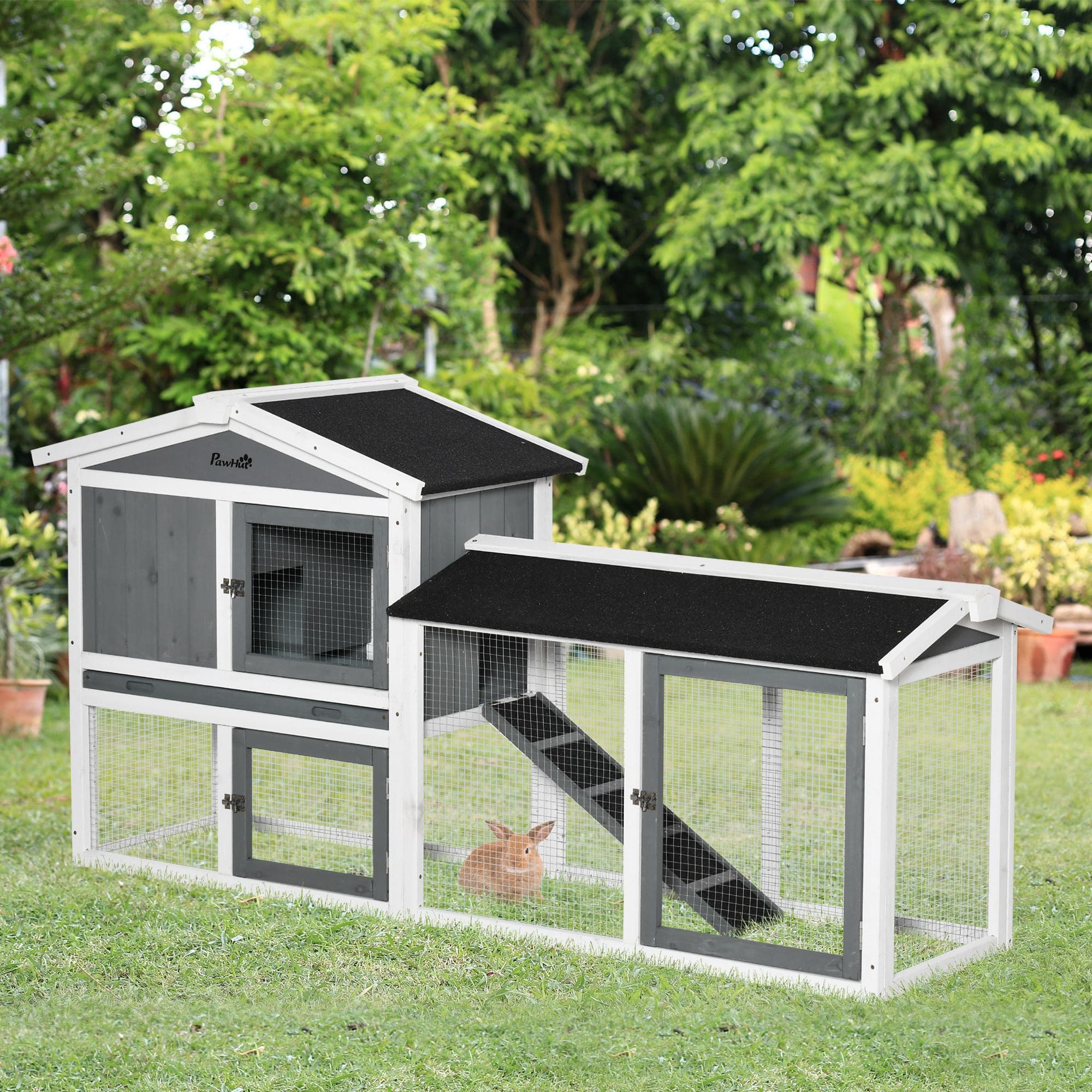  Wooden Rabbit Hutch with Run, Tray, Ramp for 1-3 Rabbits, Guinea Pigs, White