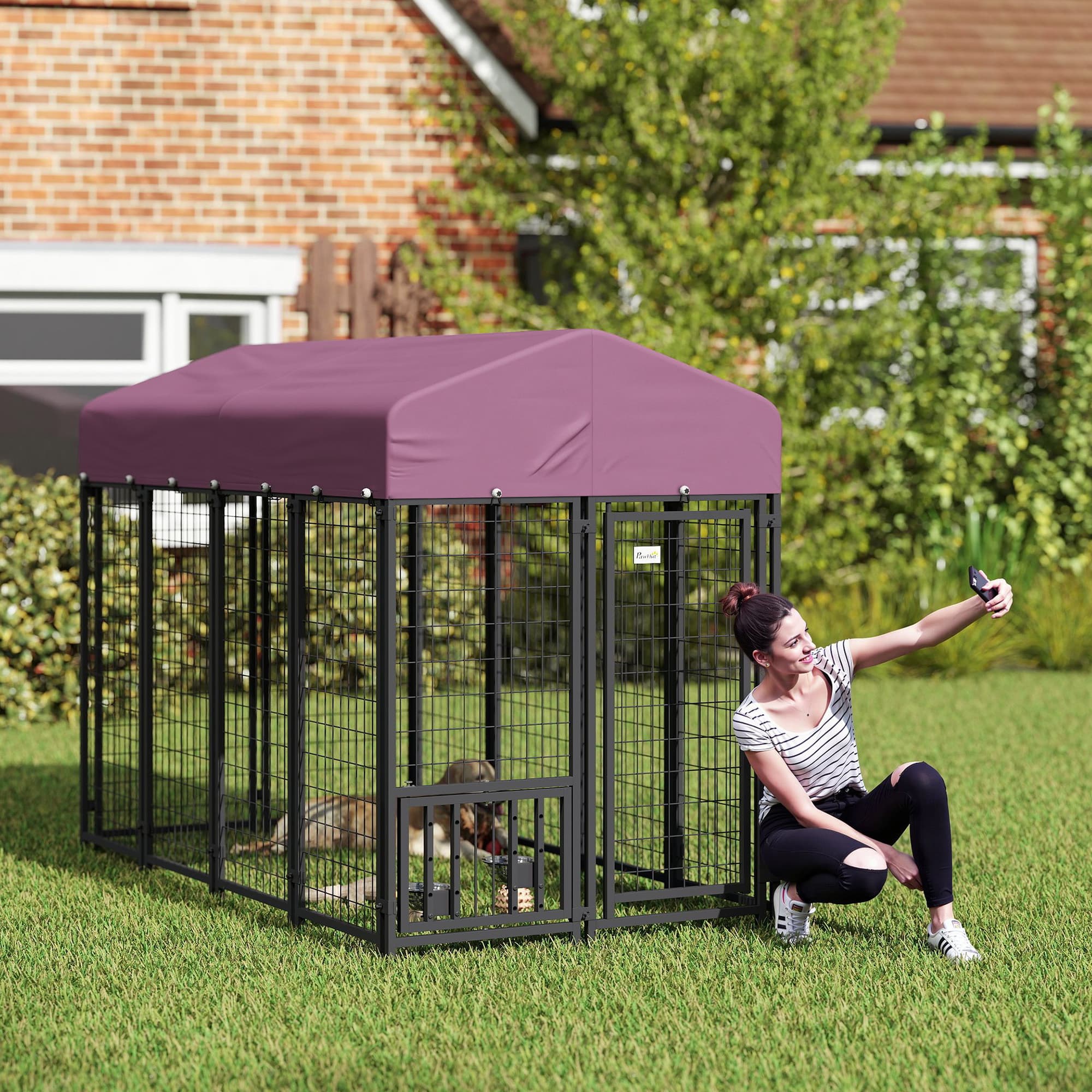  Welded Wire Outdoor Dog Kennel with 360° Rotating & 4 Levels Adjustable Bowls, Waterproof Cover, 7.9' x 4' x 6'