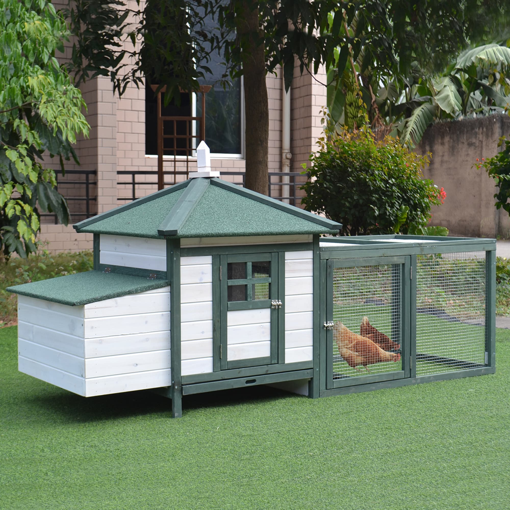  77" Wooden Chicken Coop Hen House Poultry Cage with Weatherproof Roof, Nesting Box, Enclosed Run and Removable Tray for Outdoor Backyard, Green