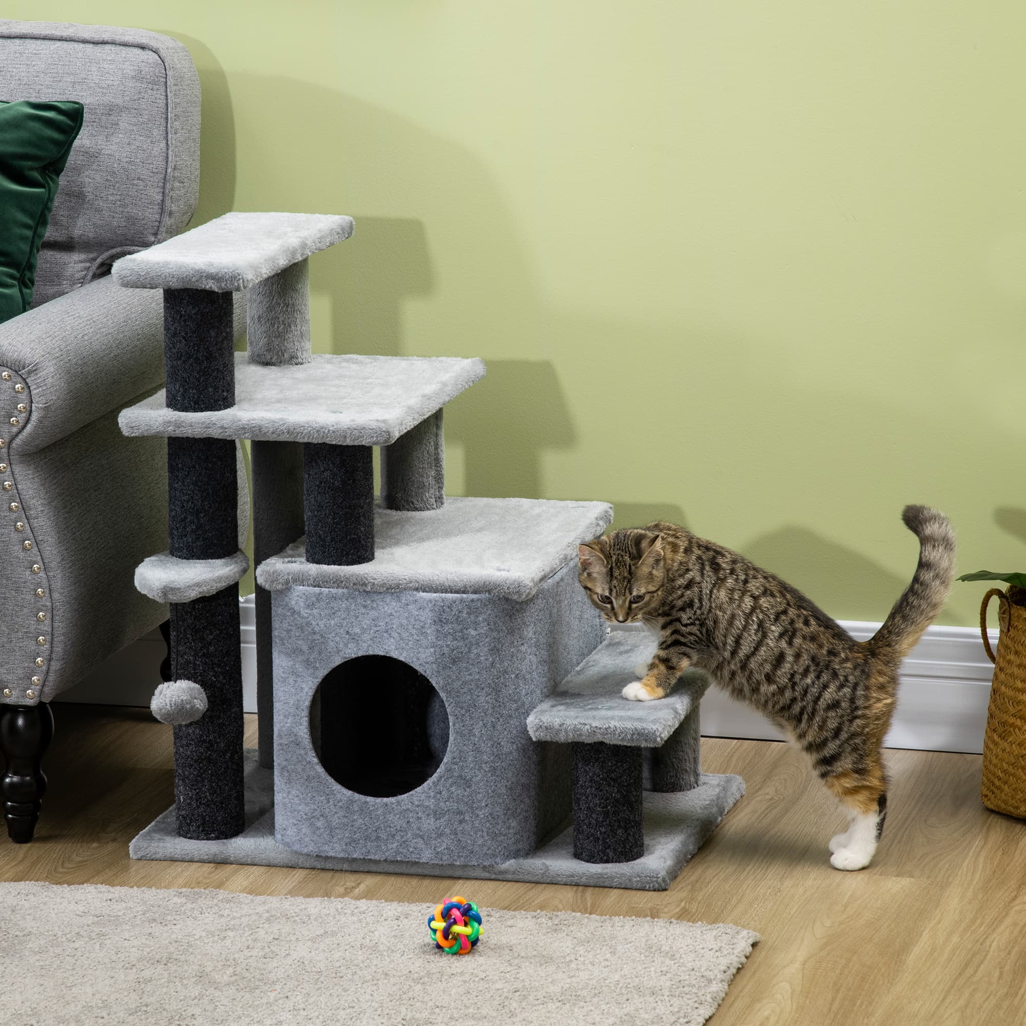  Adjustable Height 3 Step/4 Step Cat Stairs with Cat Scratching Post, Cat Condo, Toy Ball, for Bed, Sofa, Couch, Gray