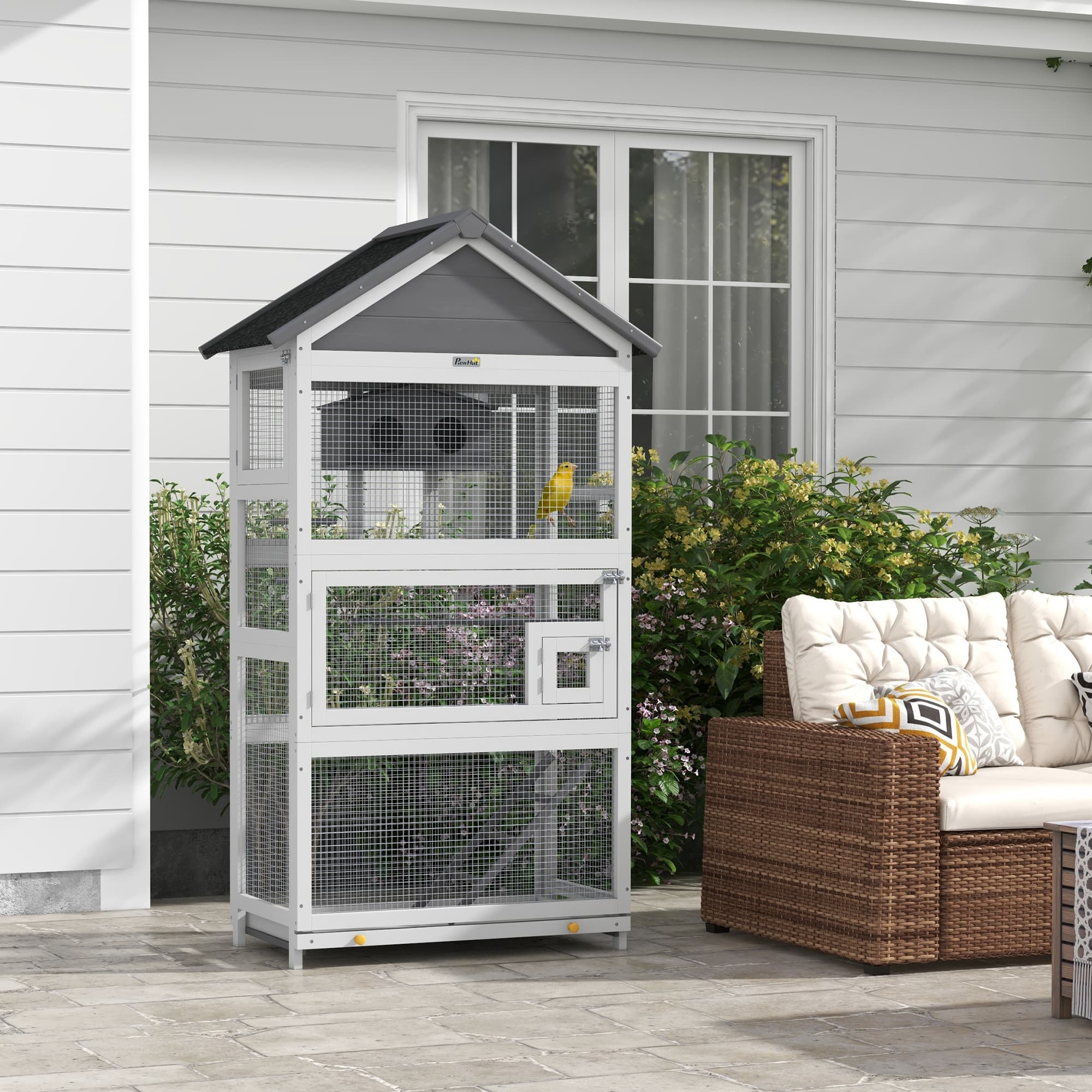  Wooden Bird Aviary with Slide-Out Tray, Birdhouse, Ladder, Perches for Finches, Parakeets, Gray