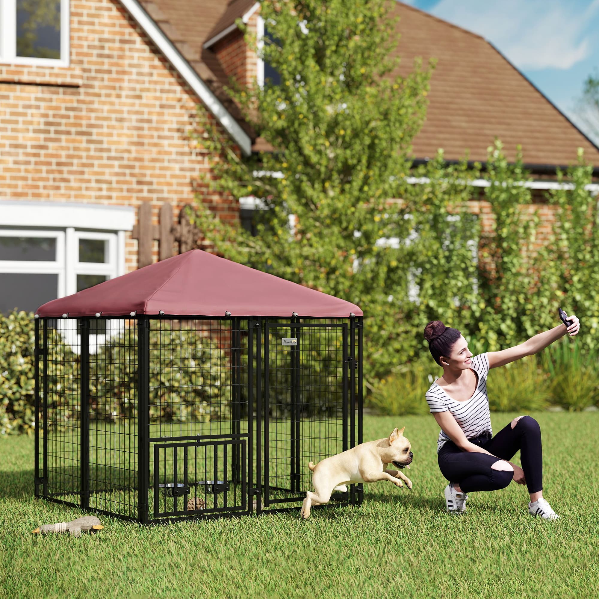  Welded Wire Outdoor Dog Kennel with 360° Rotating & 4 Levels Adjustable Bowls, Waterproof Cover, 4.6' x 4.6' x 5'