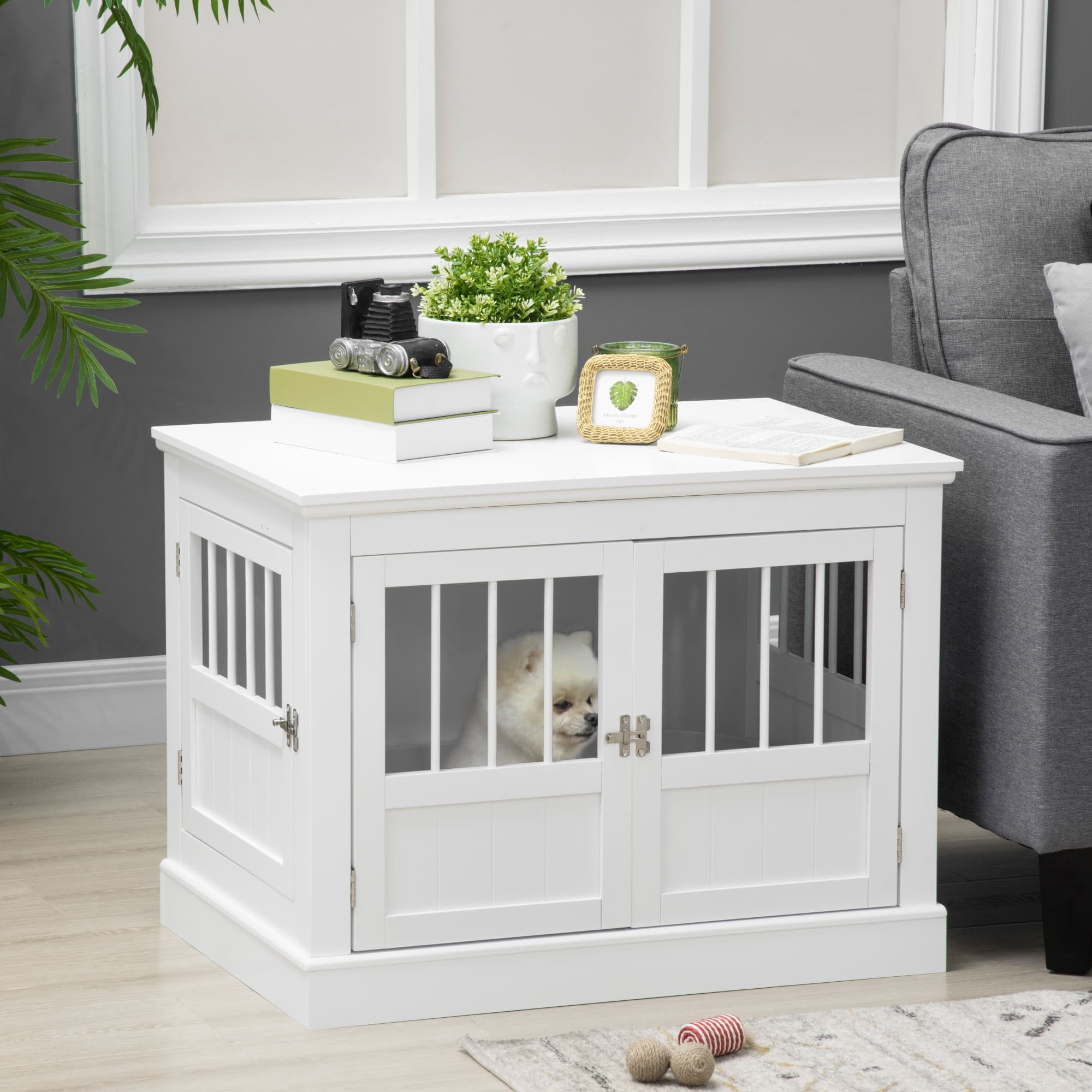  Wooden Dog Crate End Table, Dog Crate Furniture with Triple Doors, Puppy Crate for Small Dogs Indoor Use, White