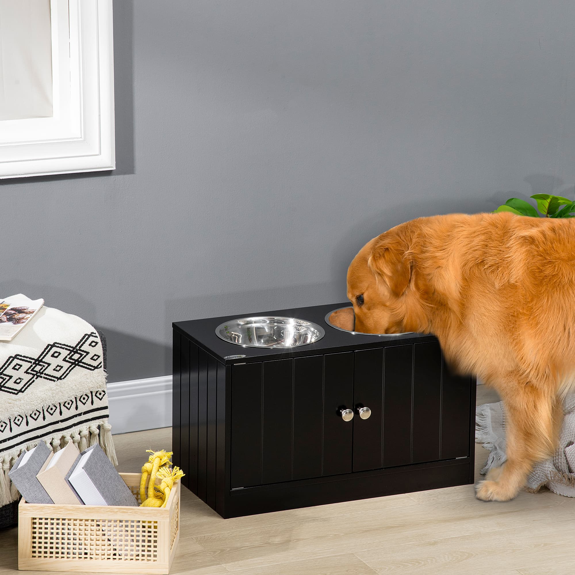  Large Elevated Dog Bowls with Storage Cabinet Containing Large 44L Capacity, Raised Dog Bowl Stand Pet Food Bowl Pet Feeding Station, Black
