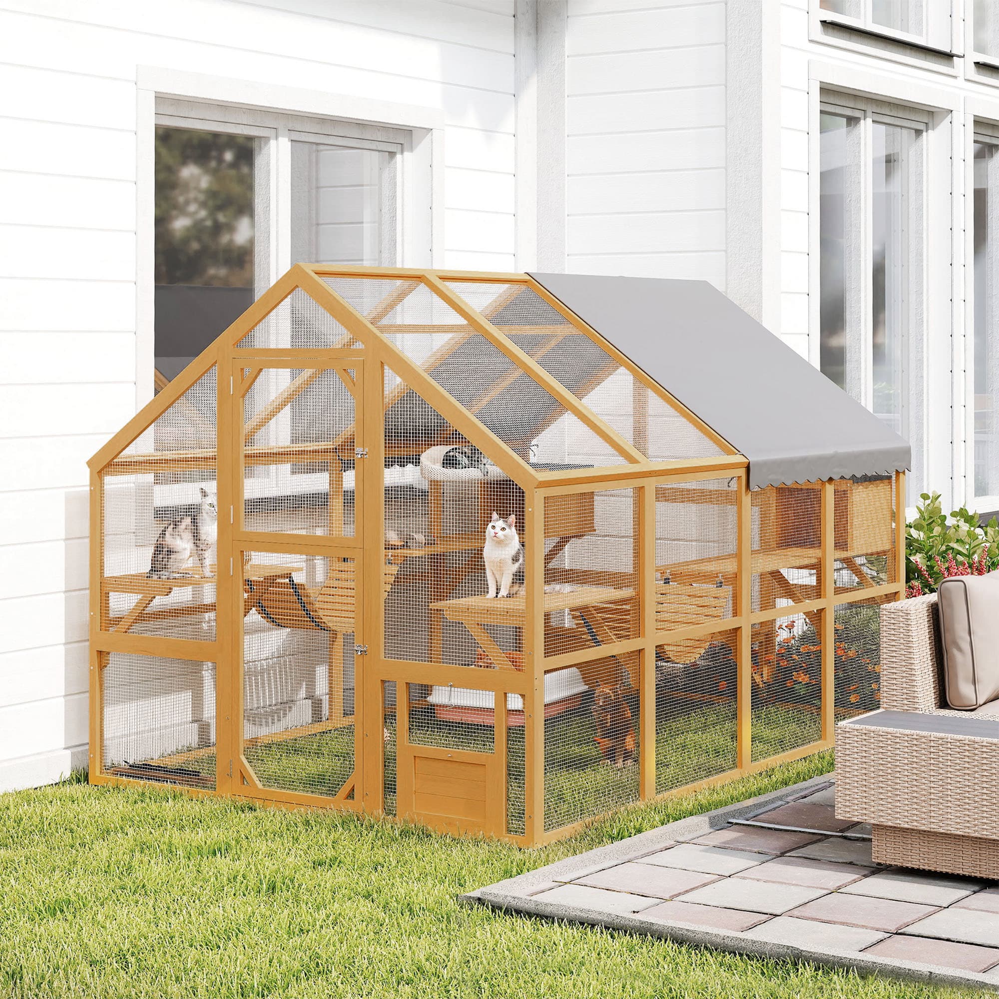  Wooden Catio Outdoor Cat Enclosure, Large Cat House with Waterproof Cover, 2 Condos, 6 Platforms, Bridge, Doors, Yellow