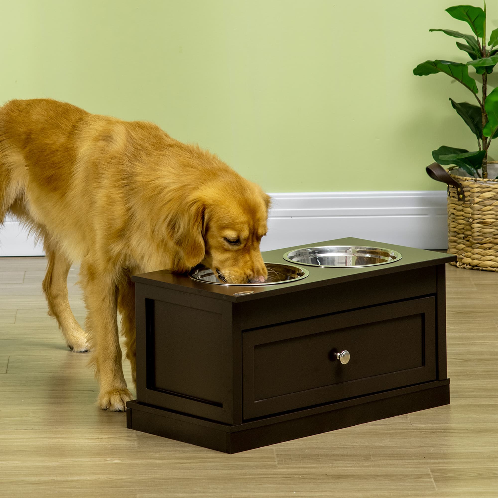  Large Elevated Dog Bowls with Storage Drawer Containing 11L Capacity, Raised Dog Bowl Stand Pet Food Bowl Dog Feeding Station, Brown