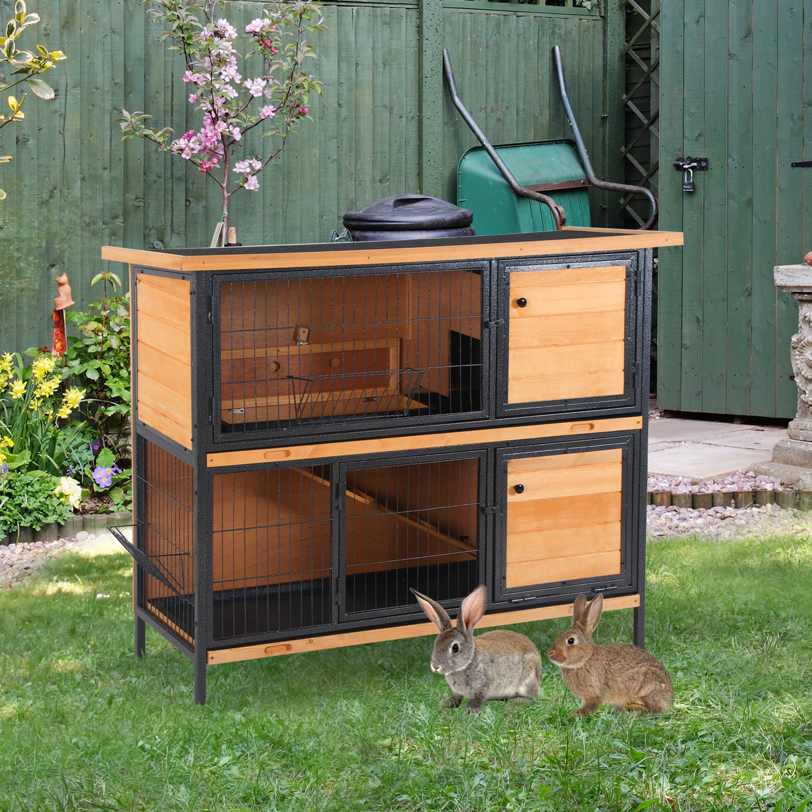  48" 2-Story Large Rabbit Hutch Bunny Cage Wooden Pet House Metal Frame with Rooms, Ramp, No Leak Tray, Feeding Trough, Waterproof Asphalt Roof for Rabbits, Chickens, Ducks, Outdoor/Indoor