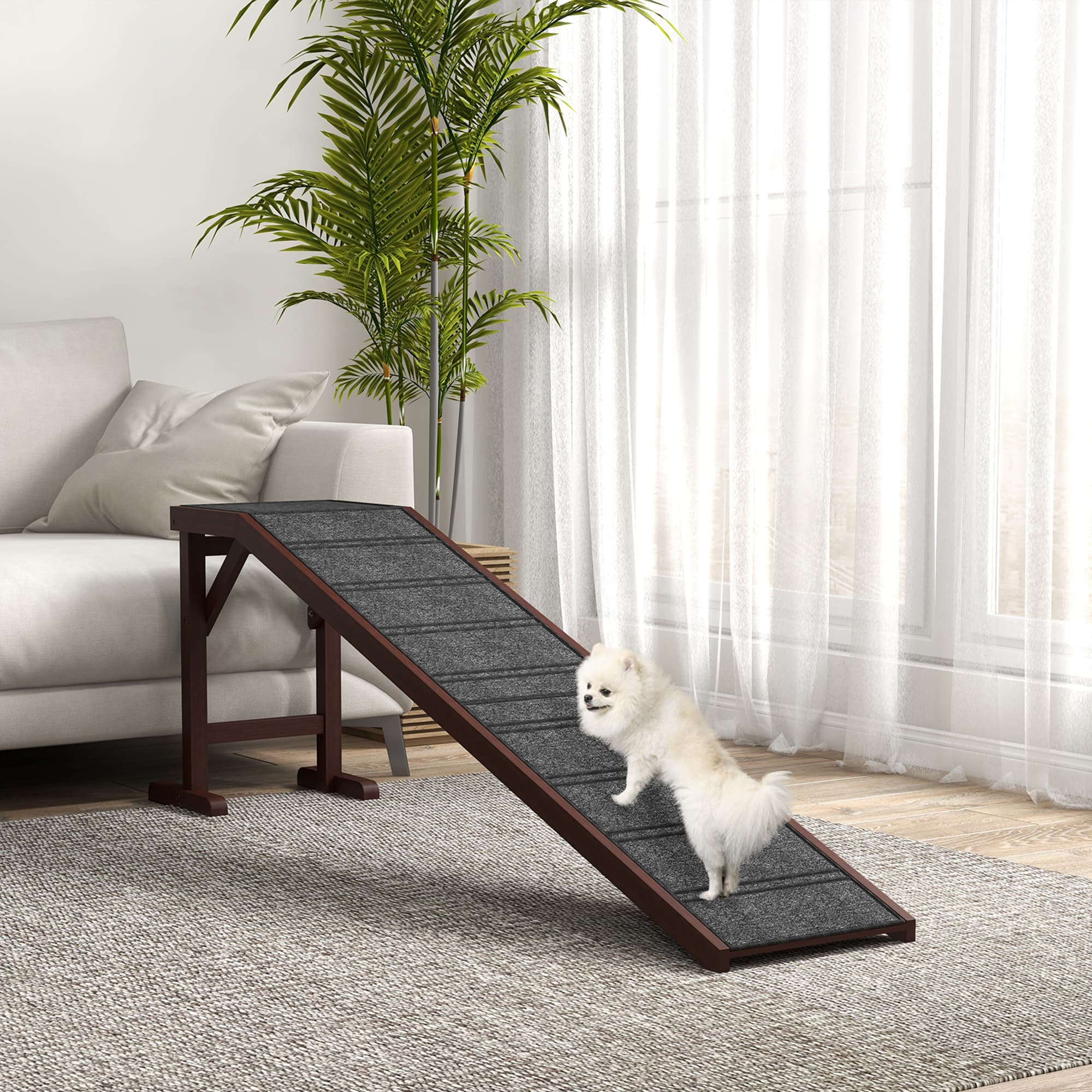  Dog Ramp for Bed, Pet Ramp for Dogs with Non-Slip Carpet and Top Platform, 74" x 16" x 25", Brown