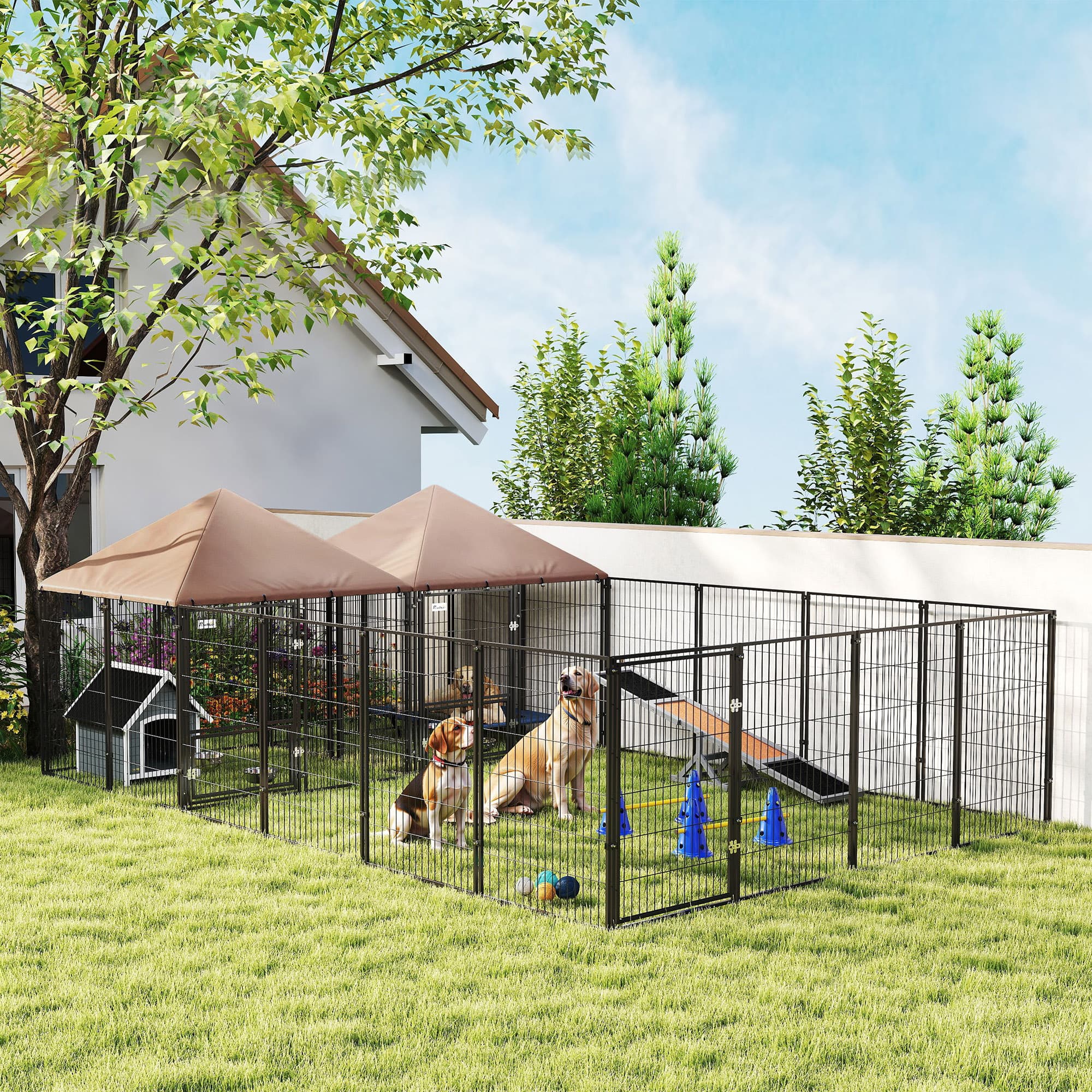  Large Outdoor Dog Kennel with 2 Rooms, Rotating & Adjustable Height Bowls, 13.5' x 9.4' x 5.1'