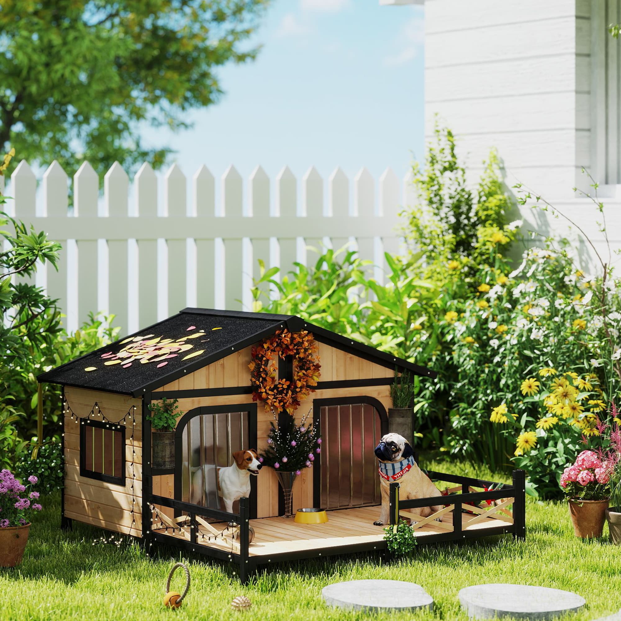  Dog House Outdoor, Wooden Dog Kennel Weatherproof with Porch, Openable Roof, Removable Bottom, Elevated Floor, Double Room for 2 Small to Medium Breeds, Natural