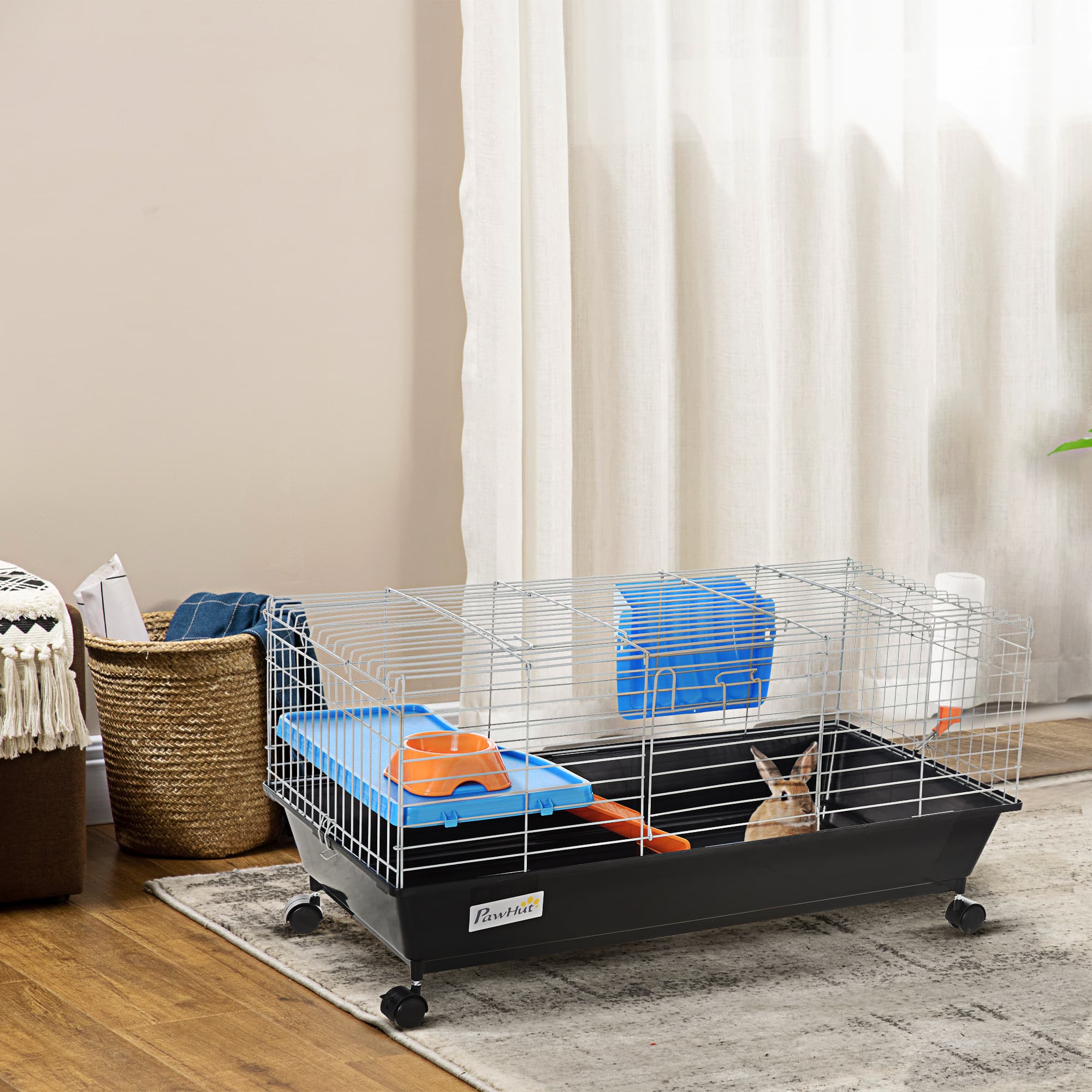  35"L Small Animal Cage with Food Dish, Water Bottle, Hay Feeder, Platform, Ramp for Chinchilla, Black