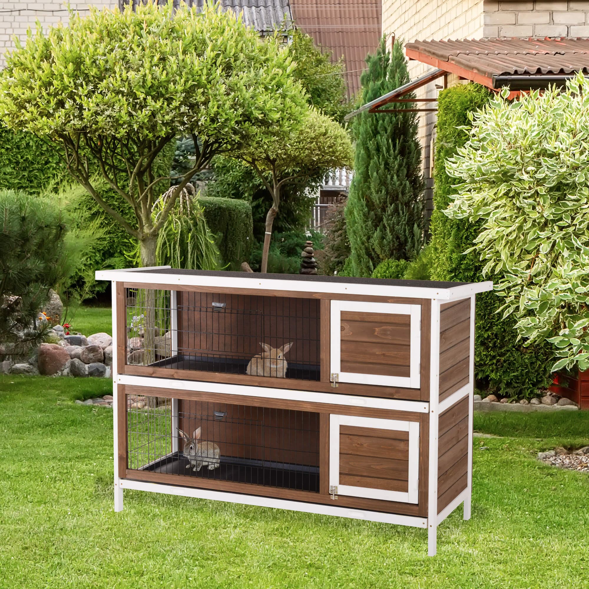 Wooden Rabbit Hutch W Dividers Asphalt Roof For Small Animals & Outdoors, Brown