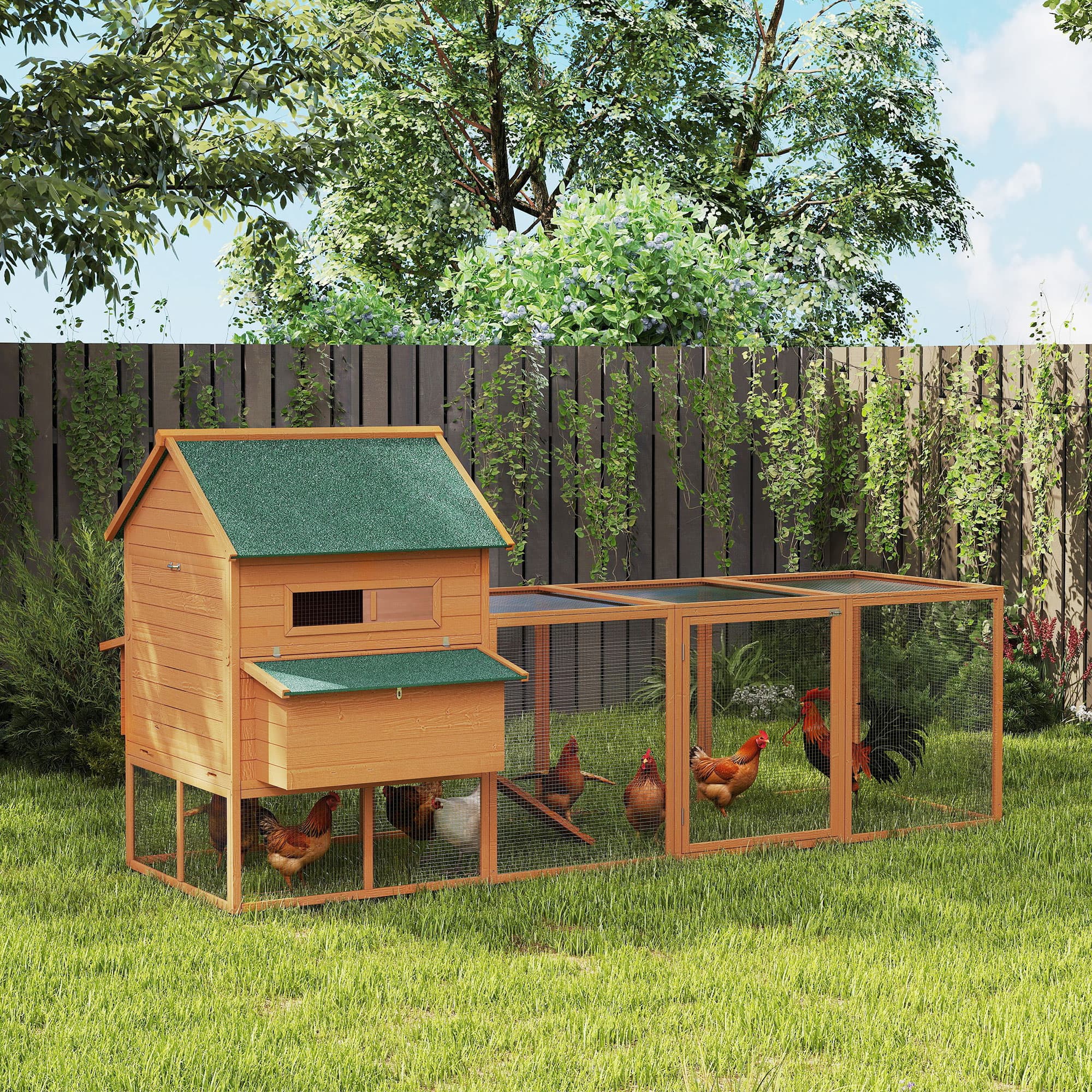  137" Chicken Coop for 8-10 Chickens, Large Chicken House, Wooden Poultry Hen Cage with Nesting Box and Run for Backyard, Orange