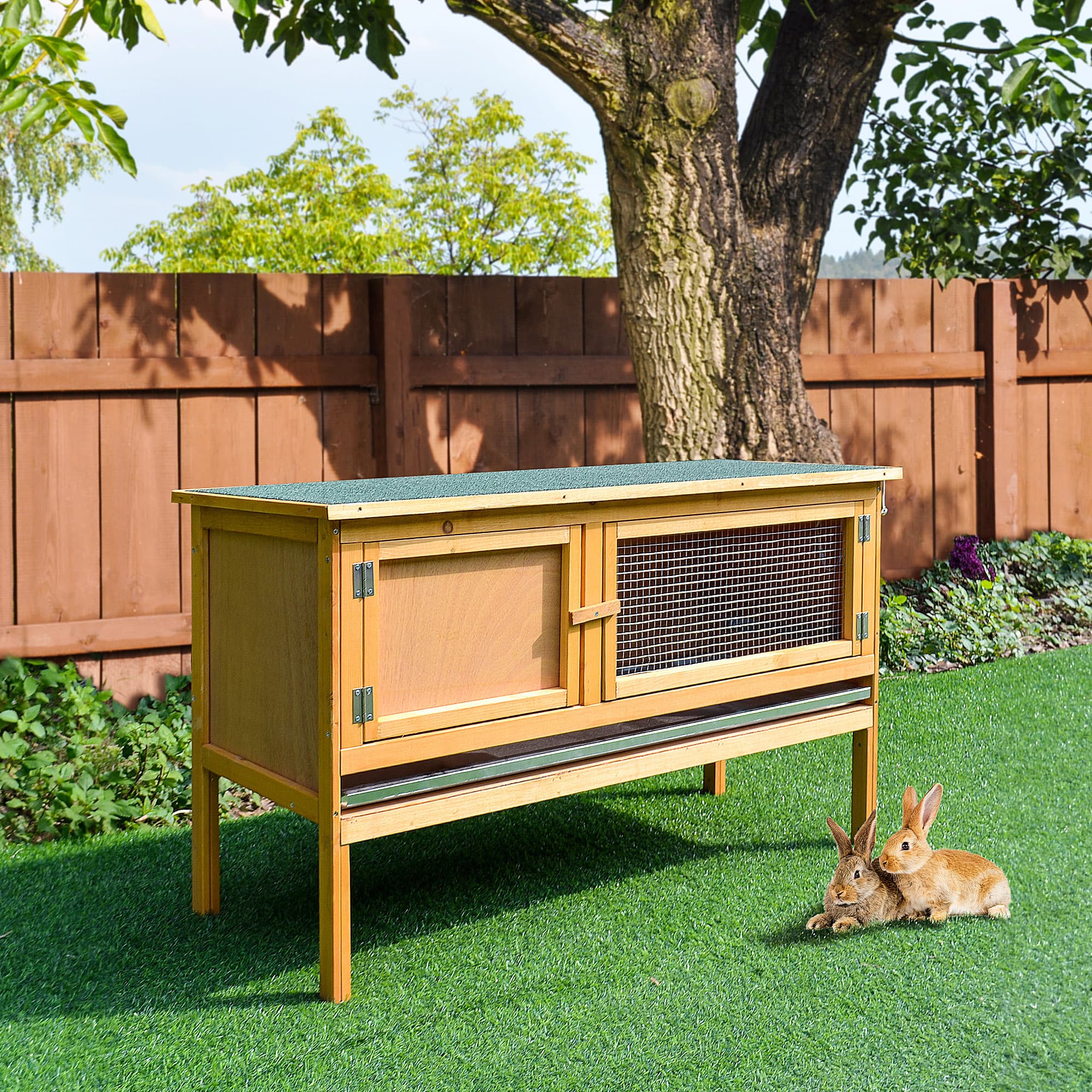  Wooden Rabbit Hutch Bunny Cage with Openable Waterproof Roof, No Leak Tray Solid Fir Wood Build for Rabbits, Chickens, Ducks, Indoor/Outdoor