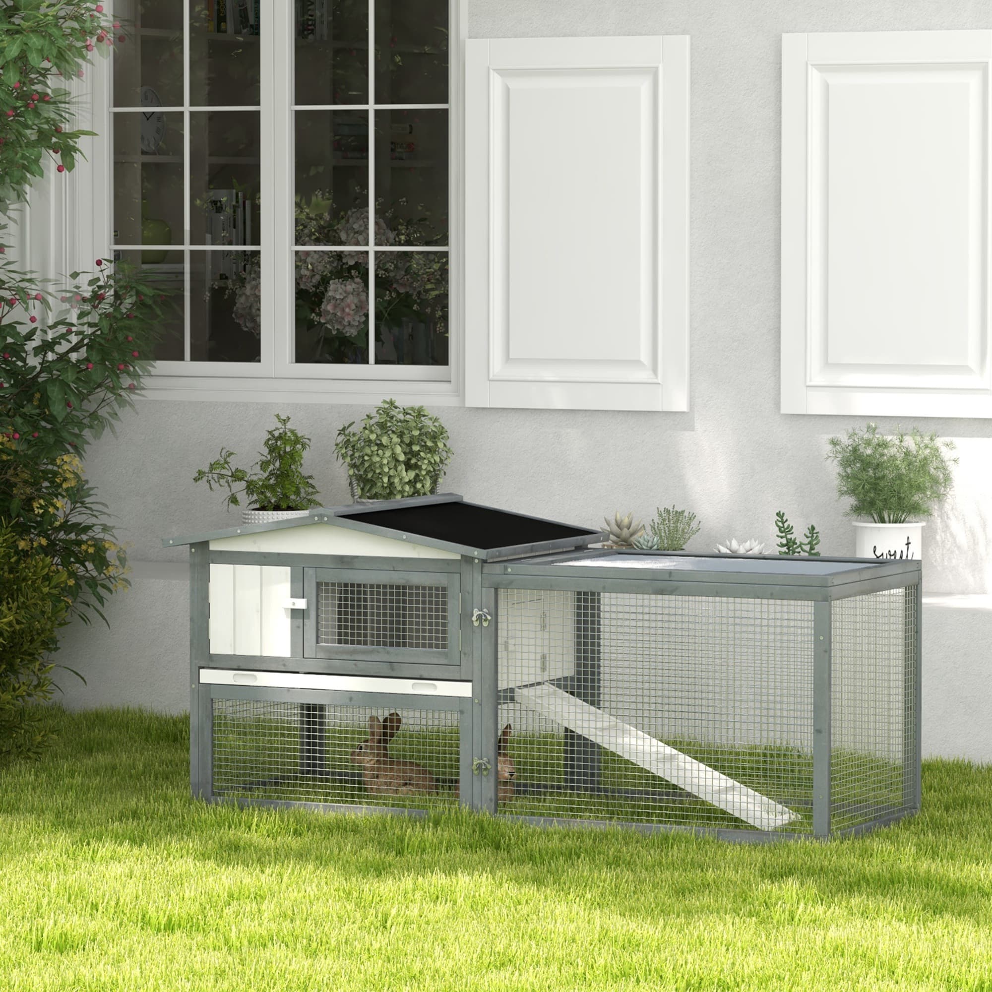  Large Rabbit Cage Outdoor 61"L Guinea Pig Hutch w/ Run Feeding Trough Removable Tray Ramp Asphalt Roof, White