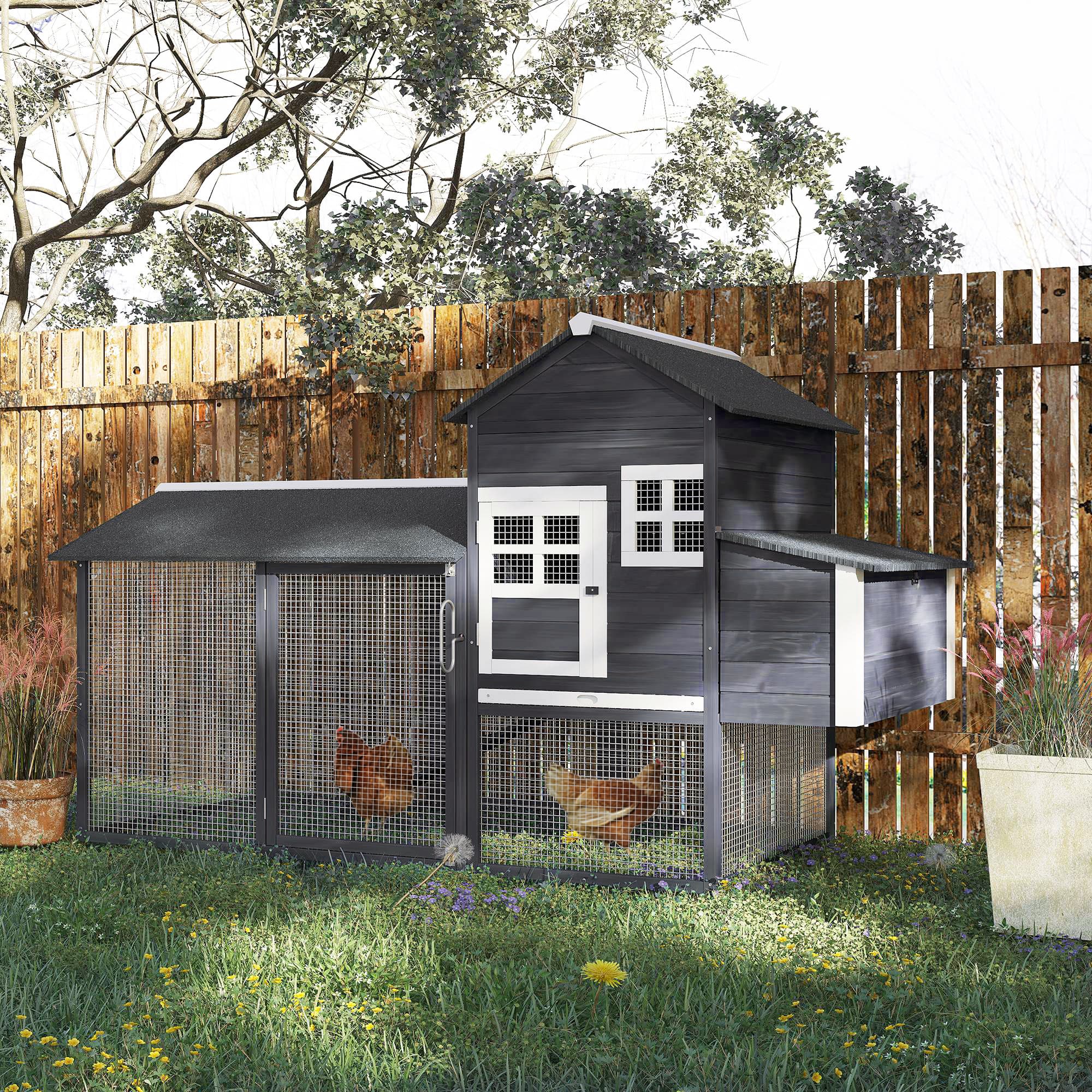  84" Wooden Chicken Coop, Hen House Outdoor with Run Nesting Box, Asphalt Roof, Removable Tray, Ramp, Poultry Cage for 2-3 Chickens, Gray