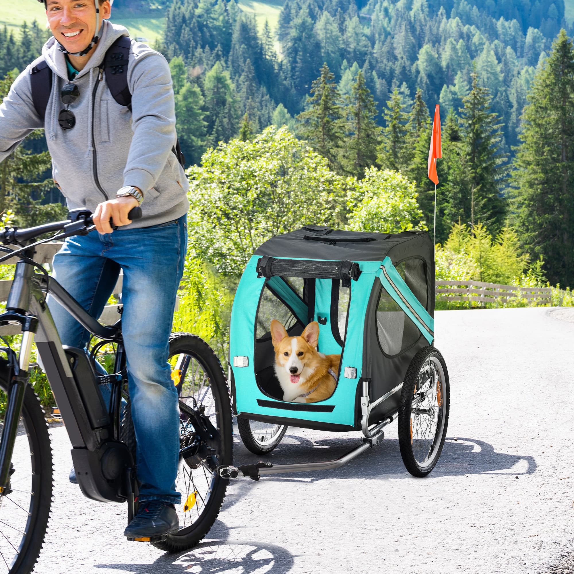 Dog Bike Trailer with 3 Entrances Large Wheels, Green