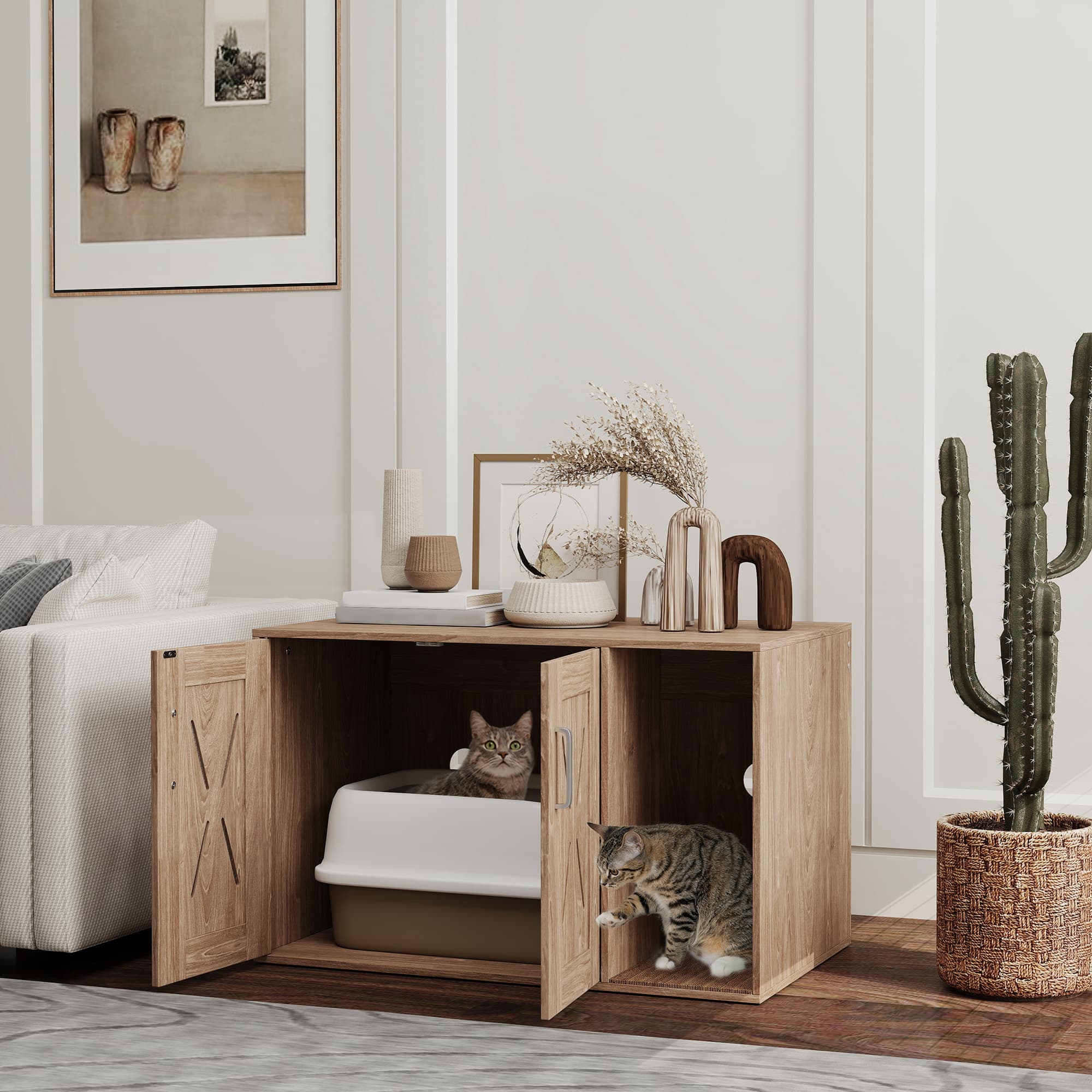 Cat Litter Box Enclosure with Scratching Board, Cat Washroom End Side Table, 31.5" x 19" x 20", Walnut Brown
