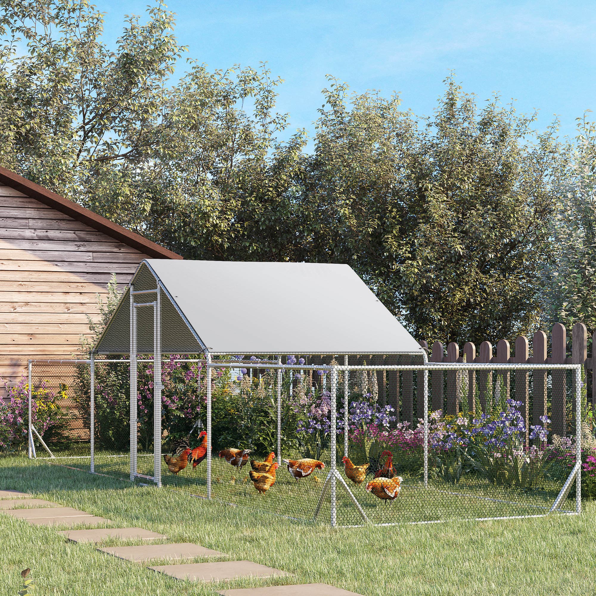  23' x 6.6' Large Chicken Coop with Weather-Resistant Cover for 12-14 Chickens, Silver