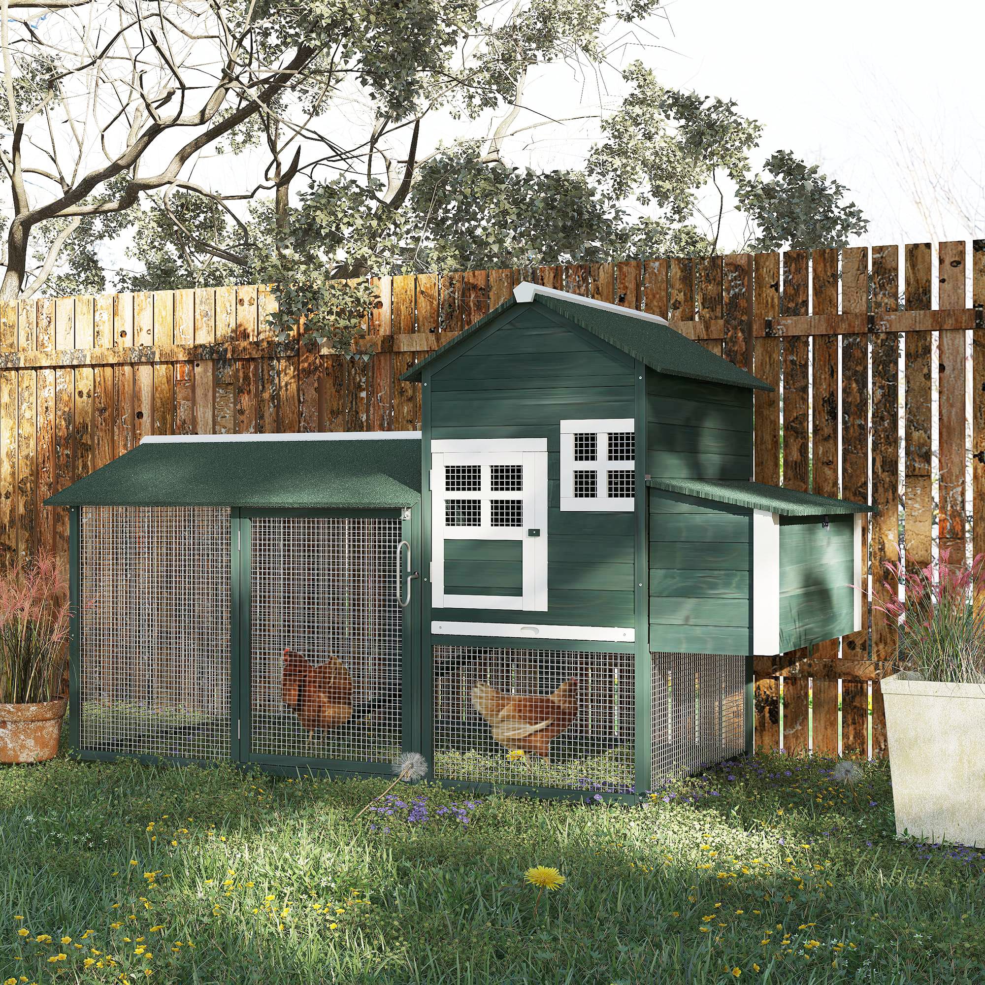  84" Wooden Chicken Coop, Hen House Outdoor with Run Nesting Box, Asphalt Roof, Removable Tray, Ramp, Poultry Cage for 2-3 Chickens, Green