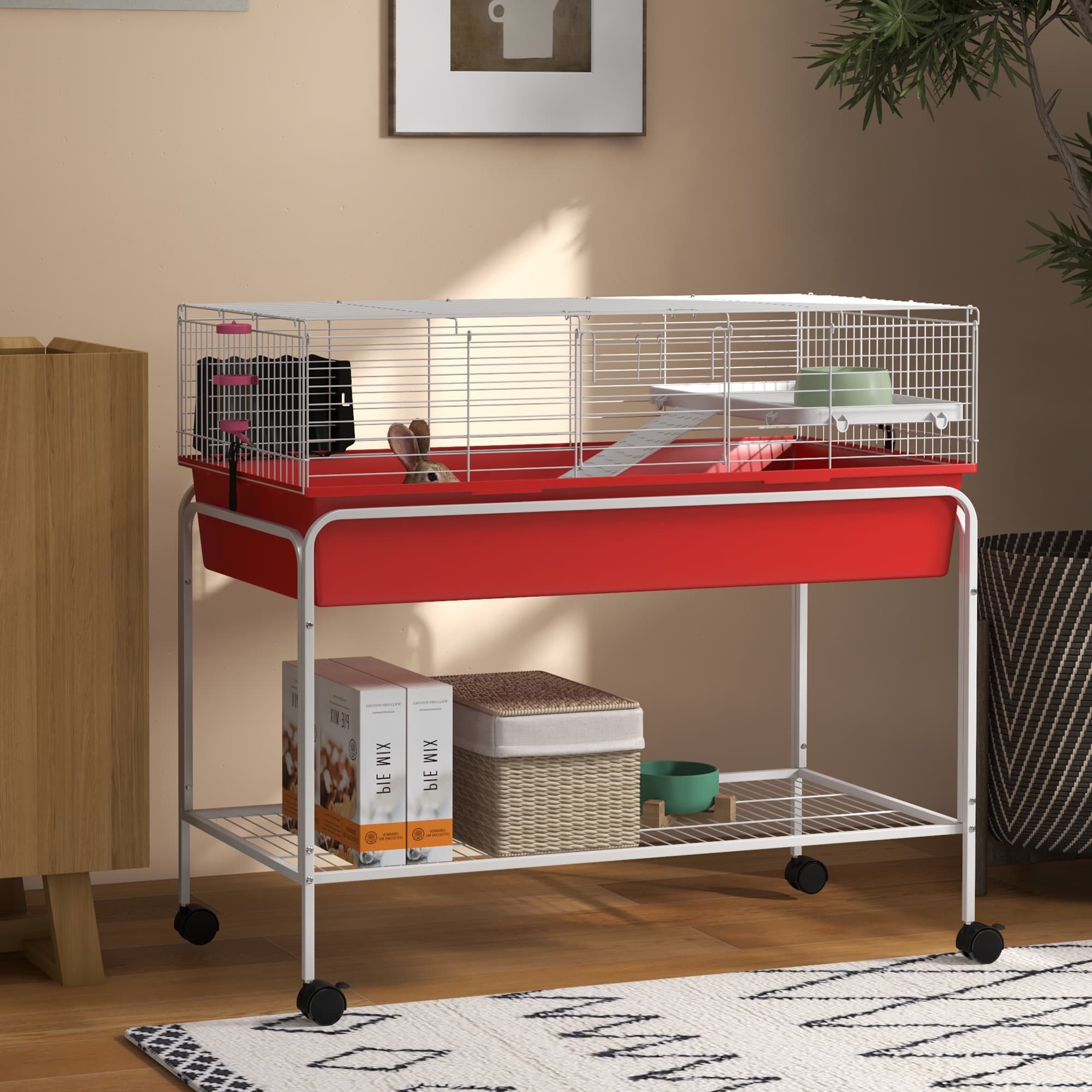  Two-Story Small Animal Cage Removable from Stand, Pet Habitat with Shelf & Wheels, 39" x 20.5" x 36.5", Red